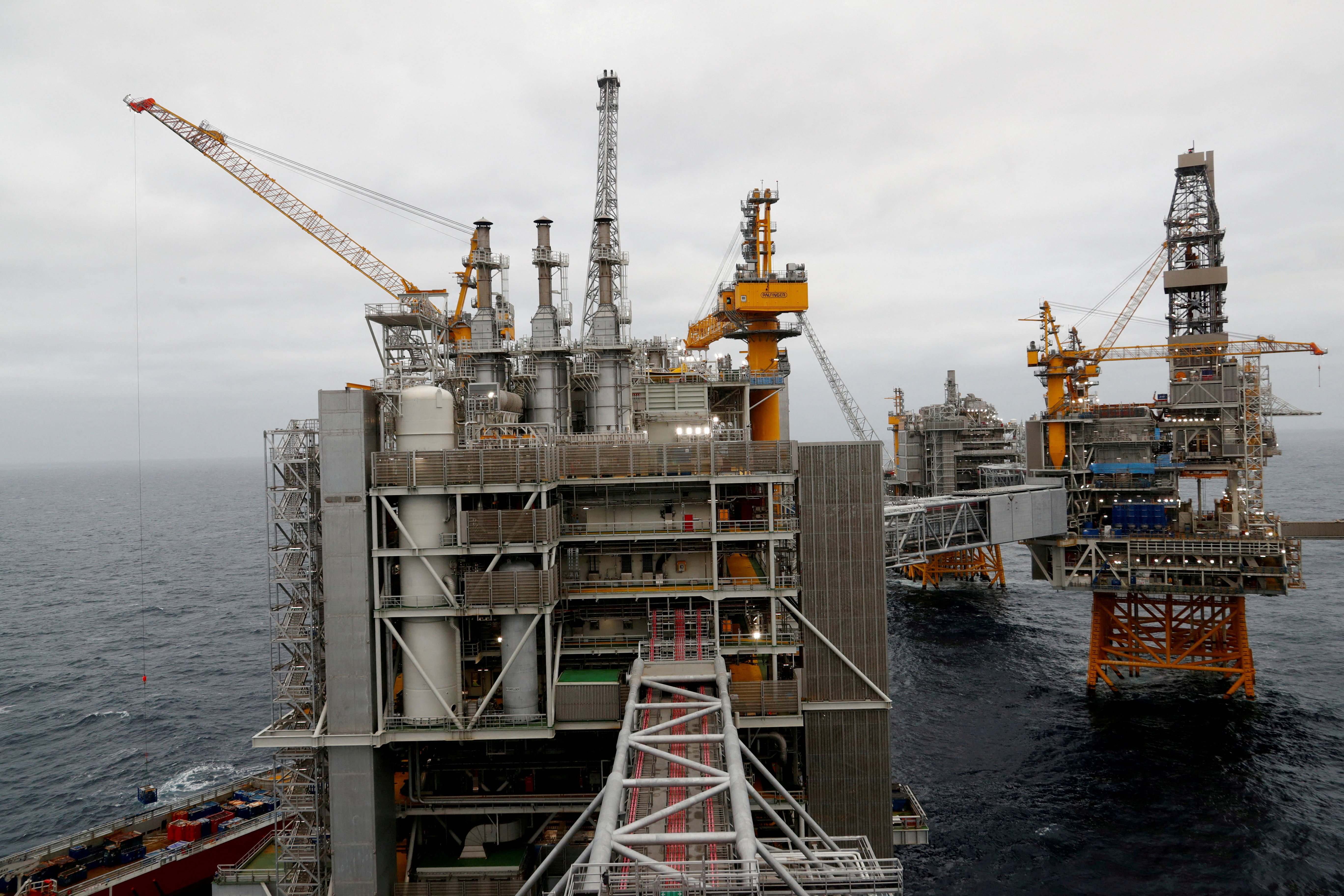 FILE PHOTO: A general view of Johan Sverdrup oilfield platforms in the North Sea