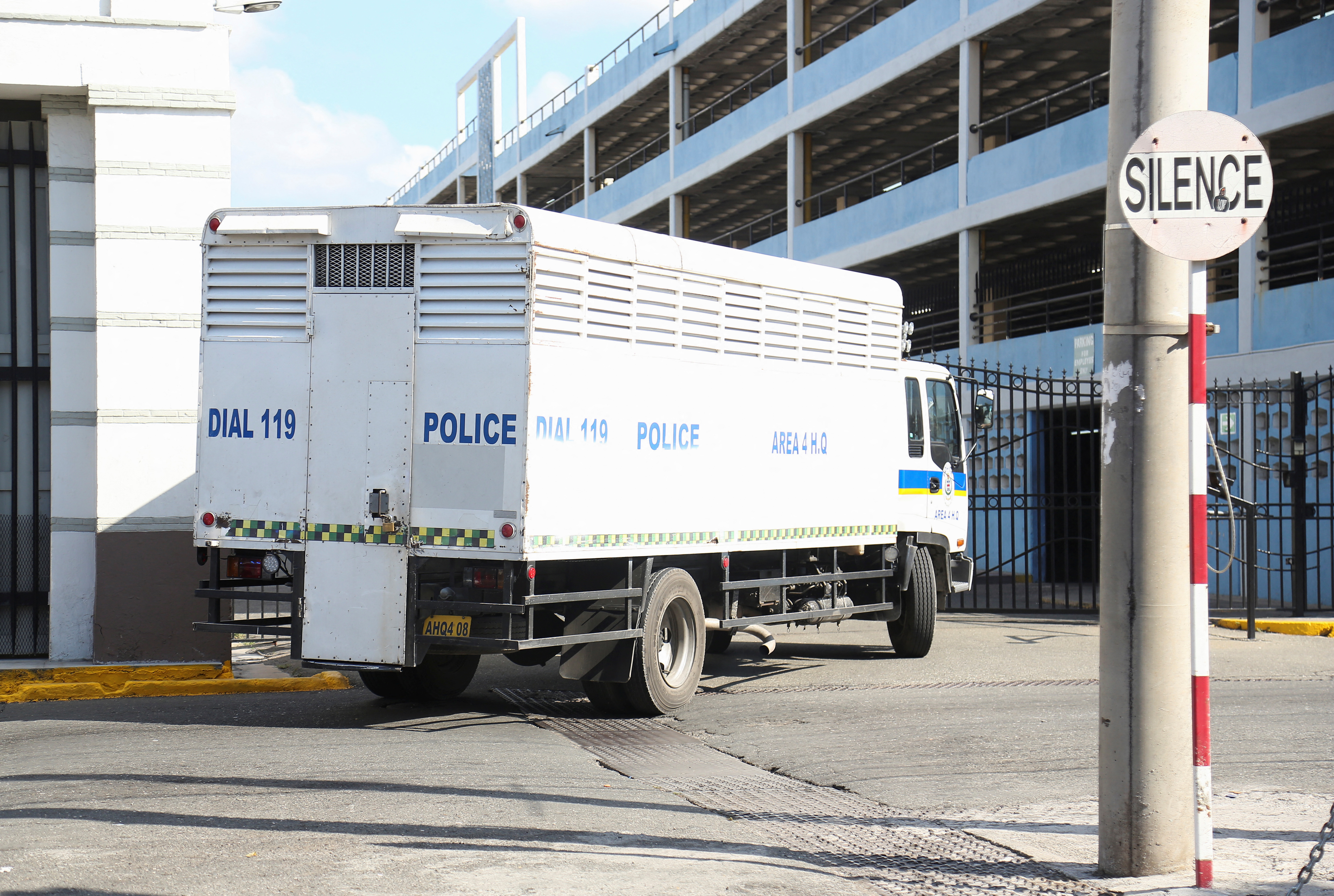 A police truck carrying alleged gang members arrives at court, in Kingston, Jamaica January 28, 2022. REUTERS/Stringer