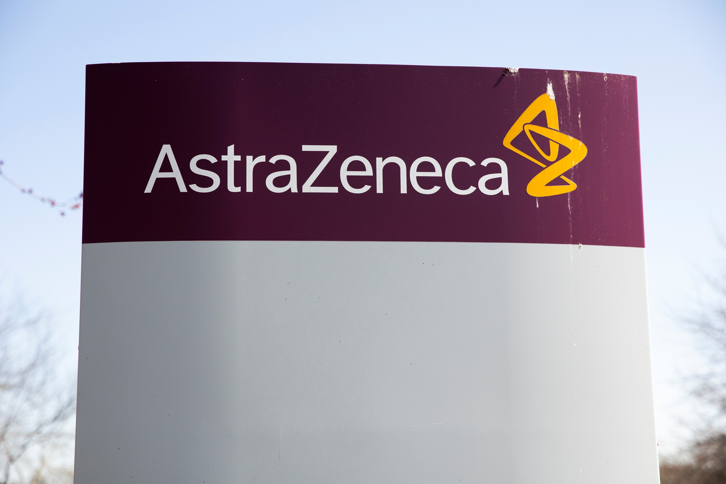 The logo for AstraZeneca is seen outside its North America headquarters in Wilmington, Delaware, U.S., March 22, 2021.  REUTERS/Rachel Wisniewski