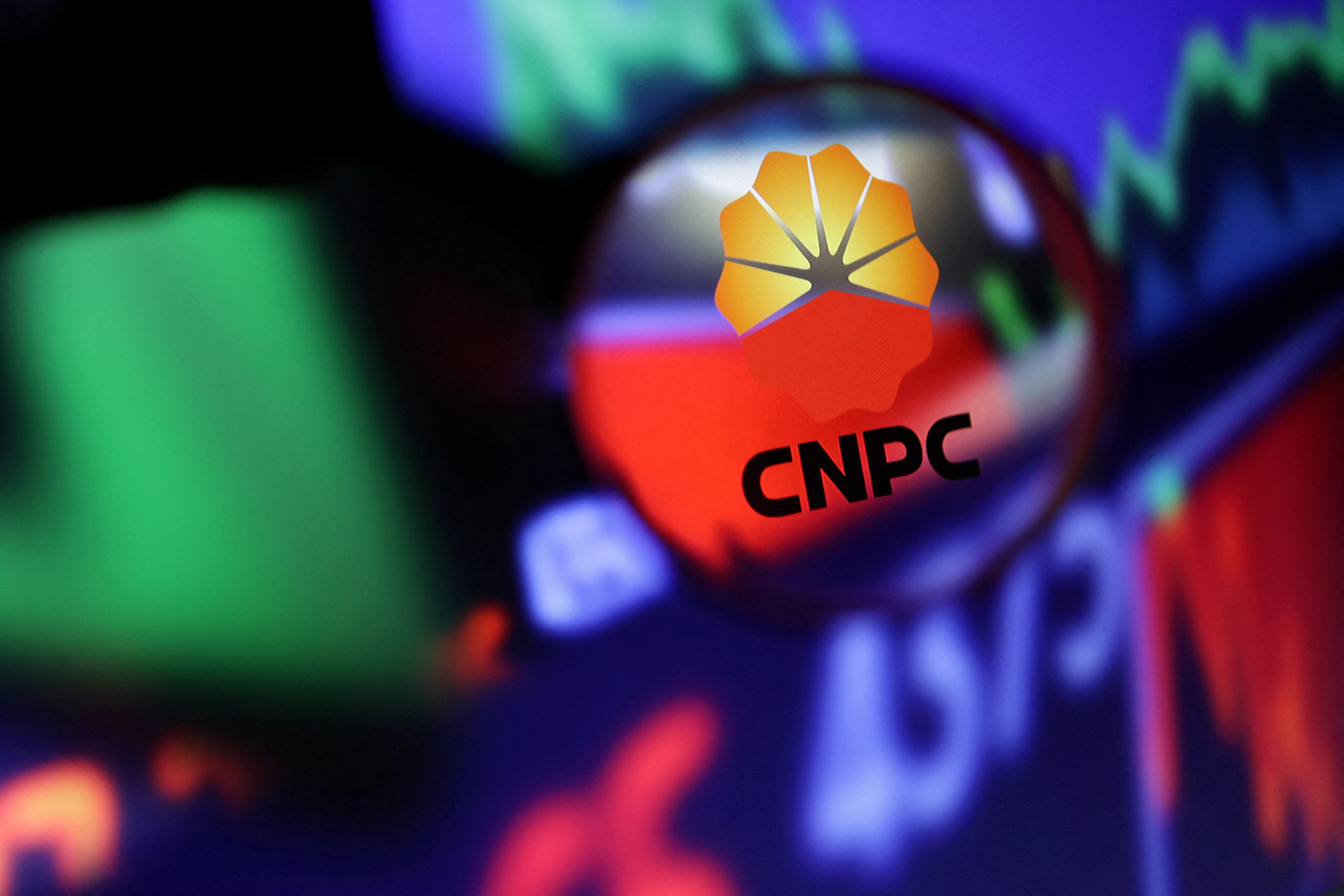 Illustration shows CNPC (China National Petroleum Corporation) logo and stock graph