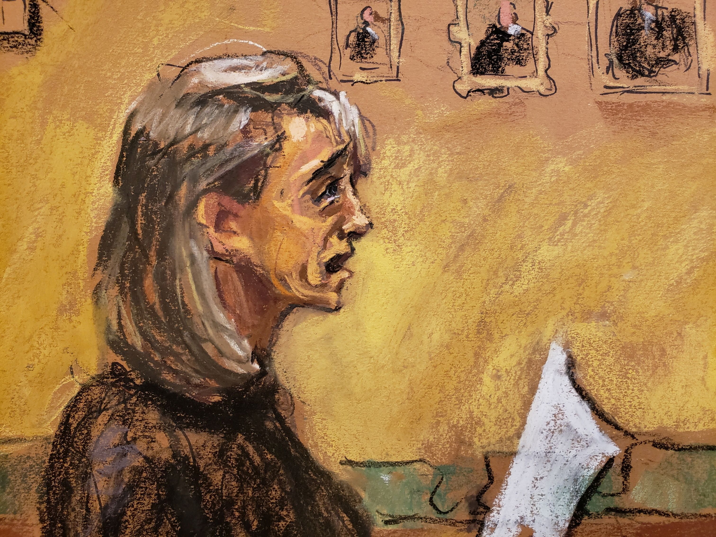 Actor Allison Mack, known for her role in the TV series 'Smallville', weeps while apologising to victims in the United States Federal Courthouse after being sentenced for her part in NXIVM cult, in Brooklyn, New York City, U.S., June 30, 2021 in this courtroom sketch. REUTERS/Jane Rosenberg