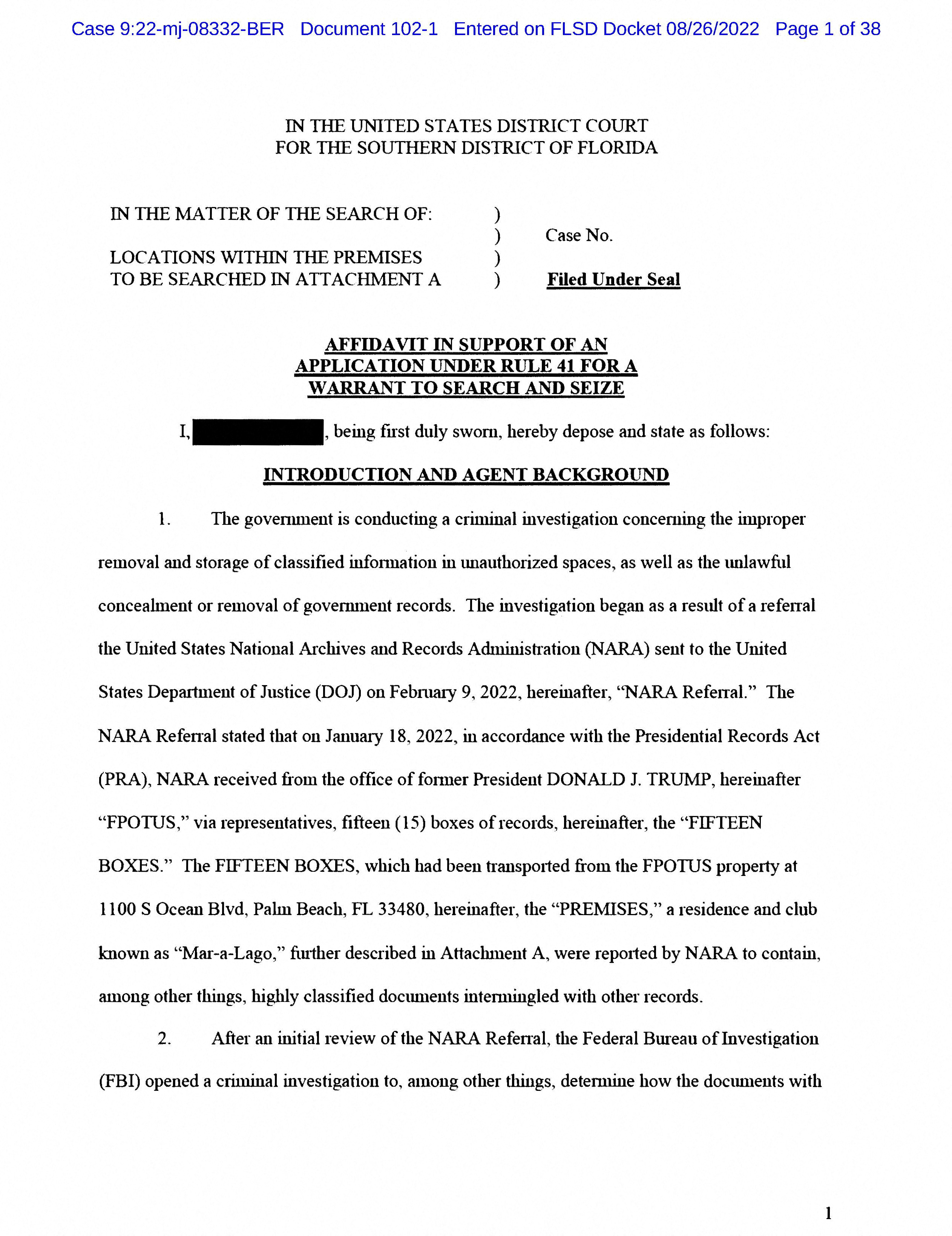 Afffidavit supporting the FBI search of former U.S. President Donald Trump's Mar-a-Lago estate is seen after being released by U.S. federal court in Florida