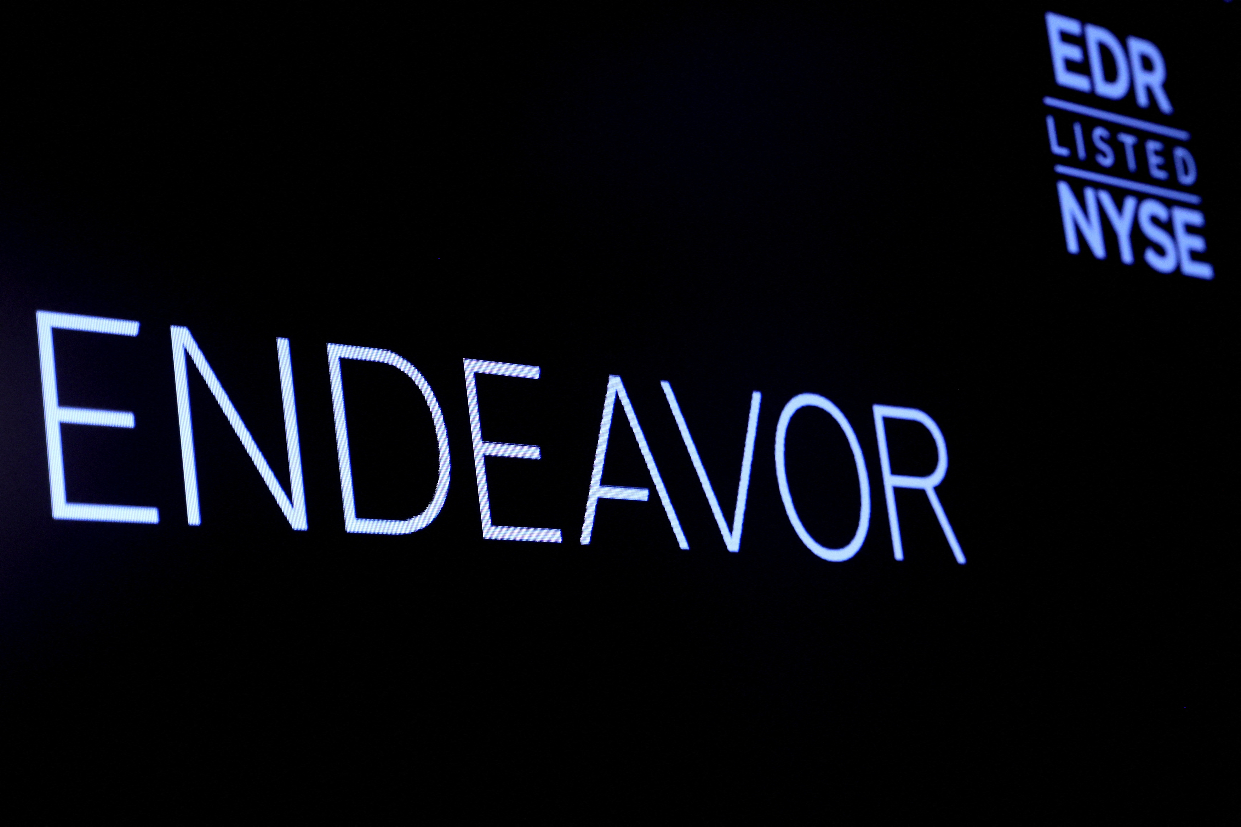 Endeavor Group Holdings logo is displayed on a screen on the floor of the NYSE in New York