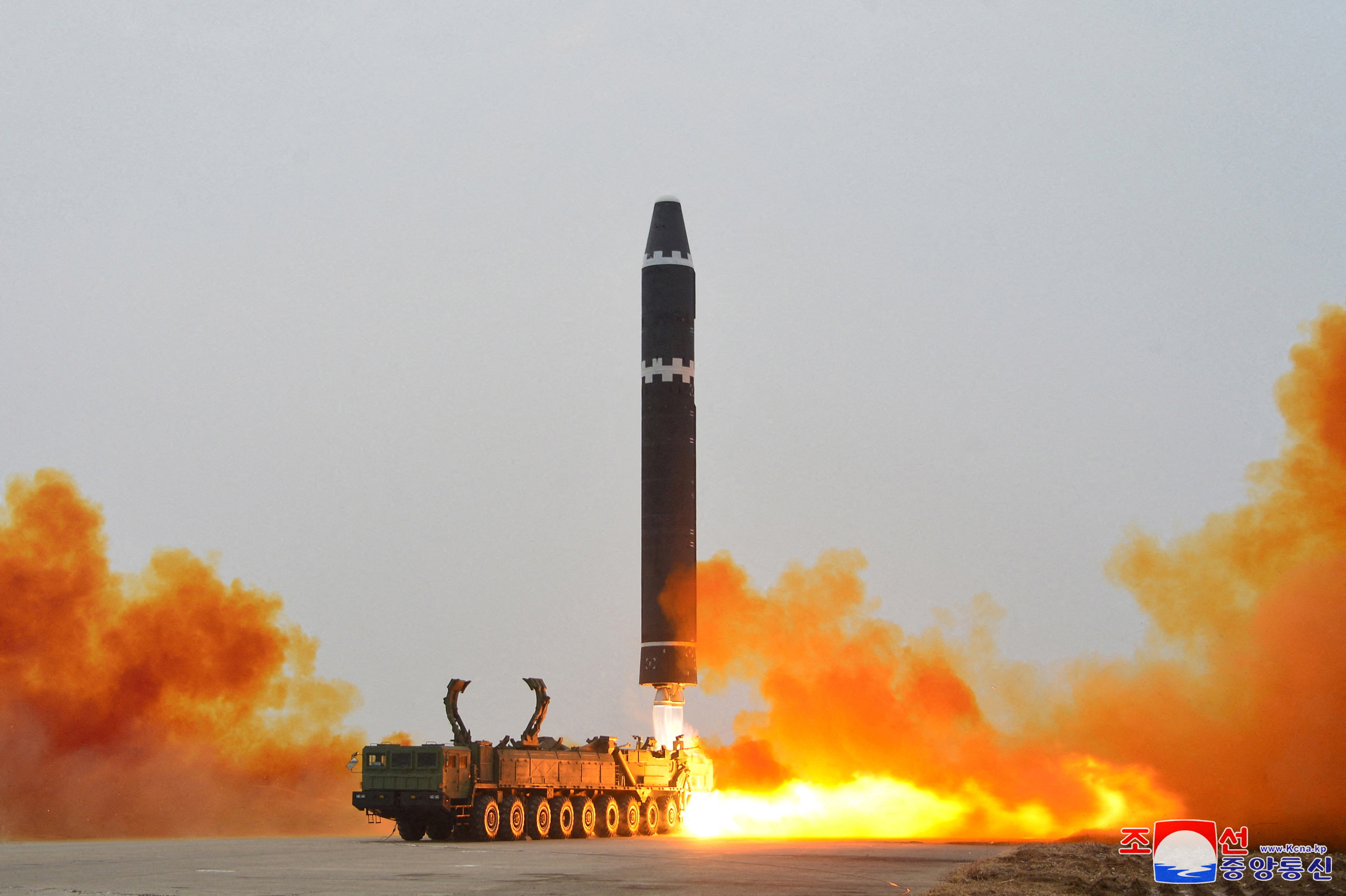 A Hwasong-15 intercontinental ballistic missile (ICBM) is launched at Pyongyang International Airport
