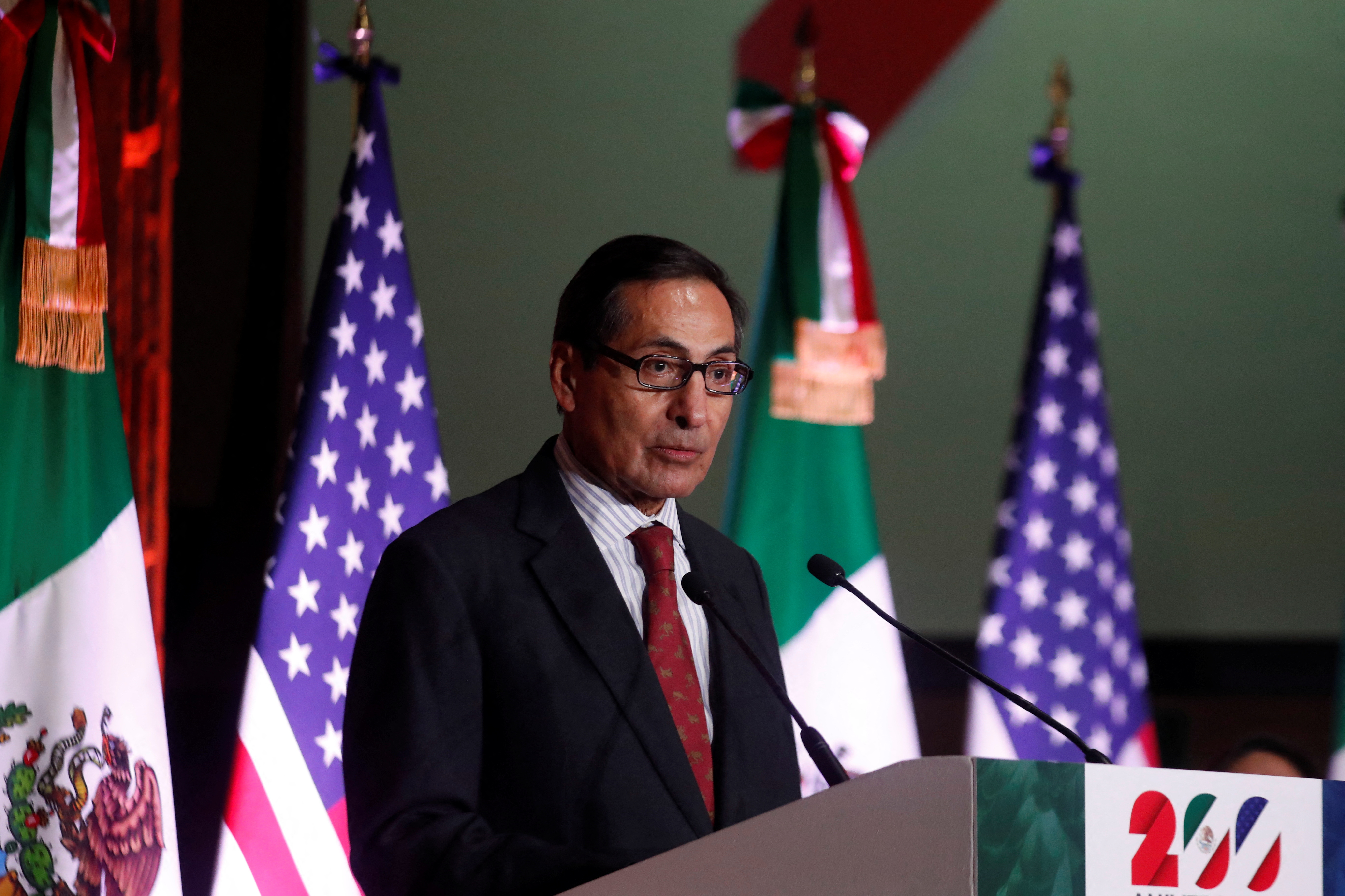 Mexico's Finance Minister Rogelio Ramirez de la O speaks at an event marking more than 200 years of diplomatic relations between the United States and Mexico, in Mexico City