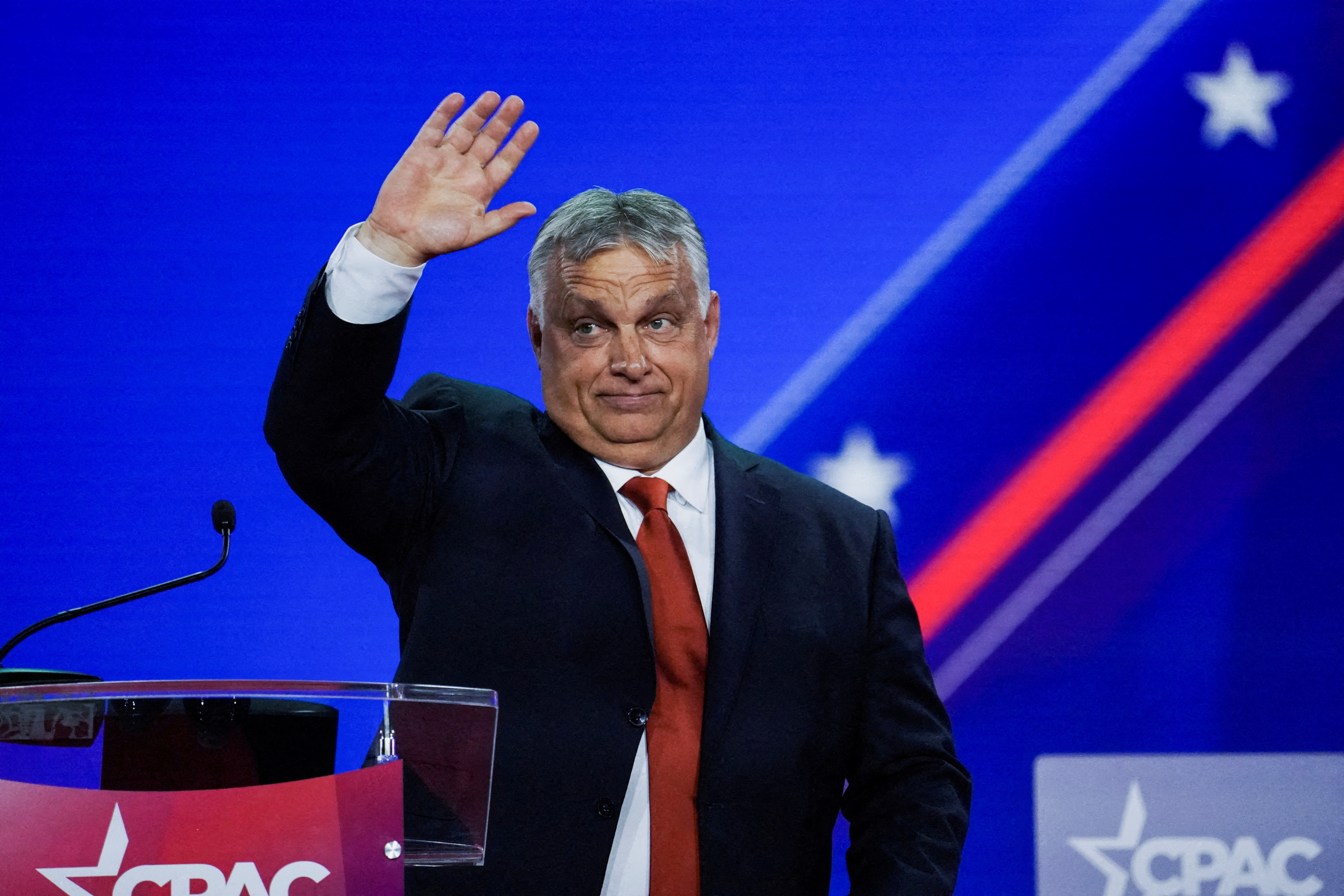 Prime Minister of Hungary Viktor Orban waves at the audience during general session at the Conservative Political Action Conference (CPAC) in Dallas, Texas, U.S., August 4, 2022