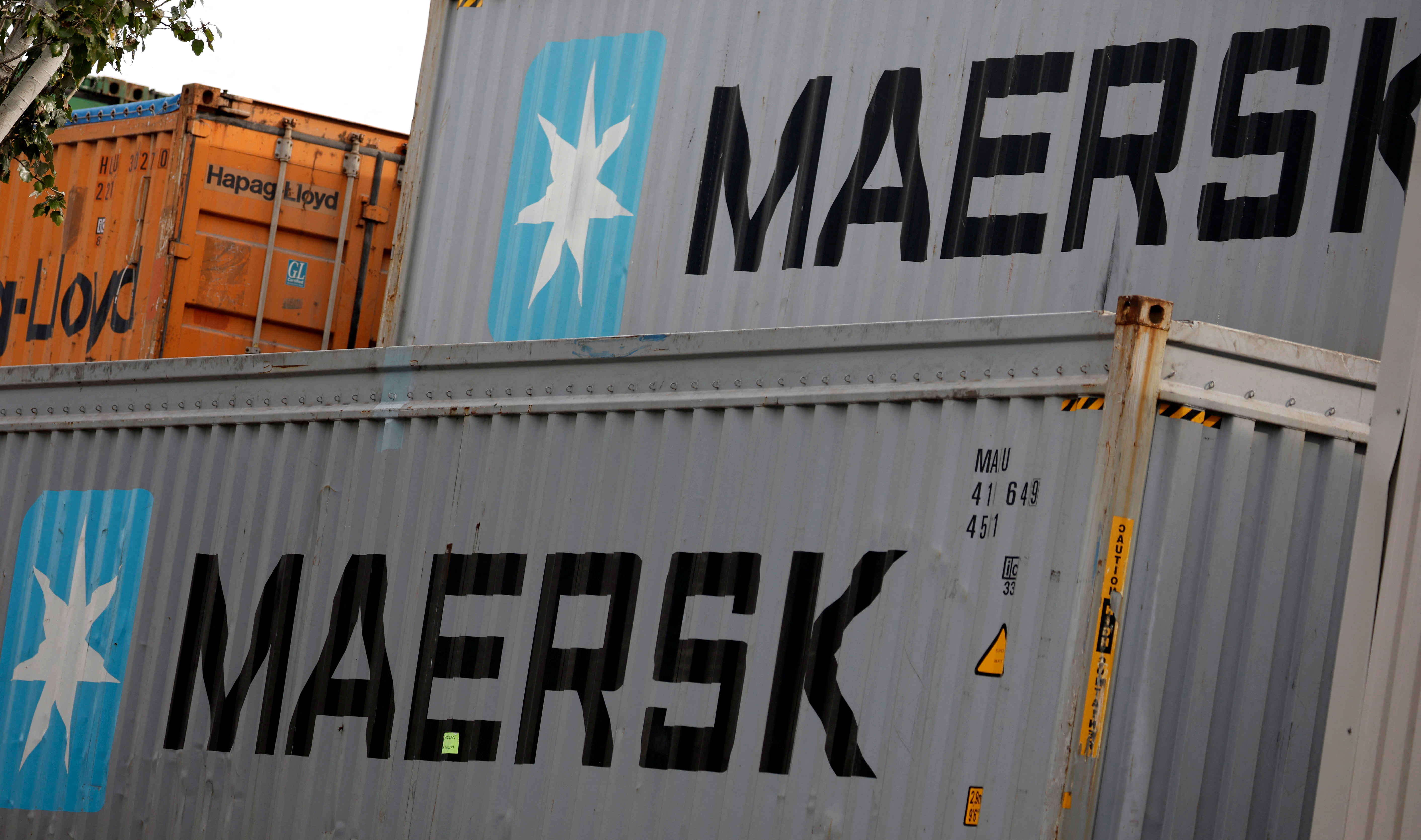 Maersk's logo is seen in stored containers at Zona Franca in Barcelona