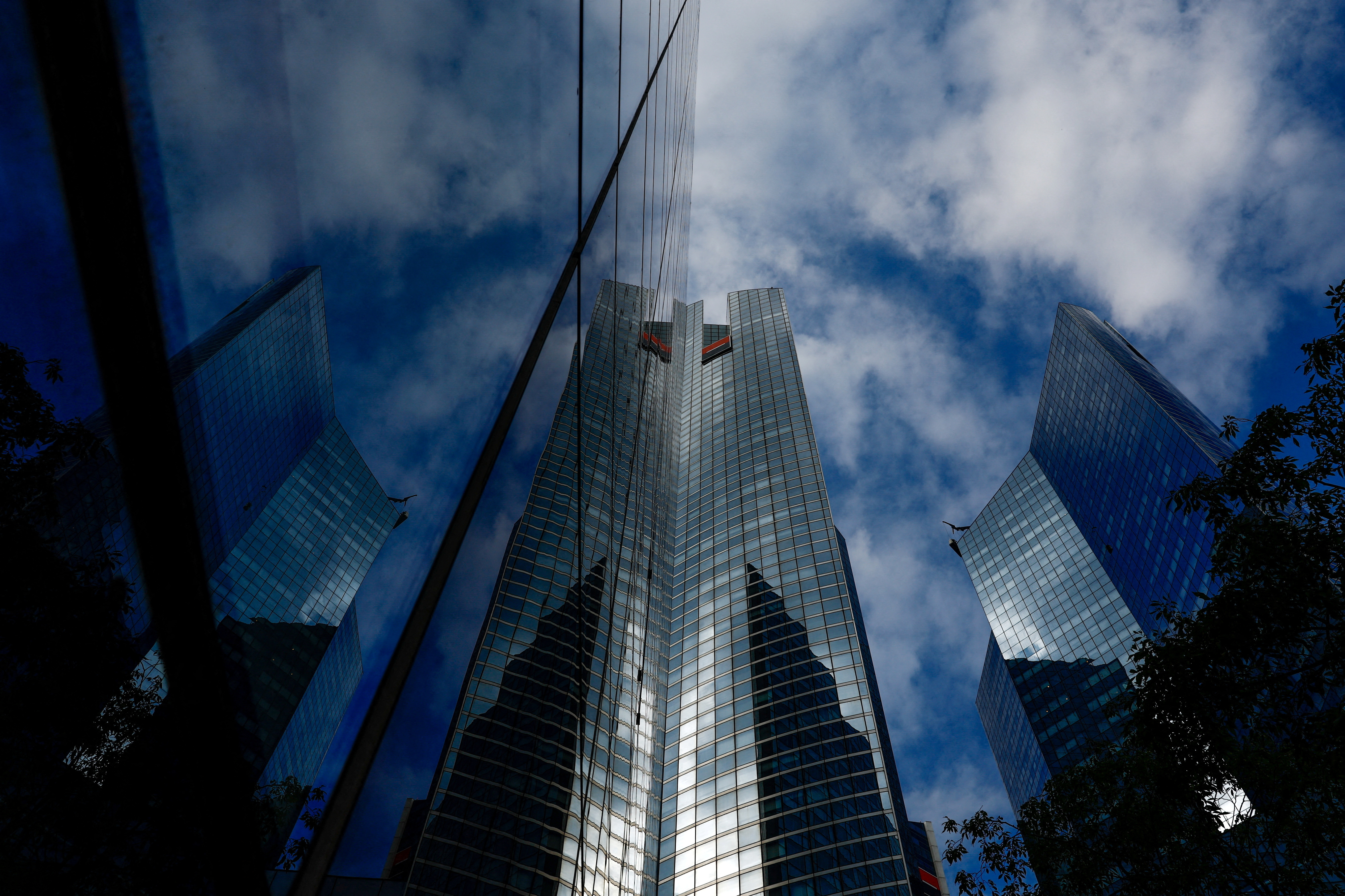 Logo of French bank Societe Generale in La Defense near Paris