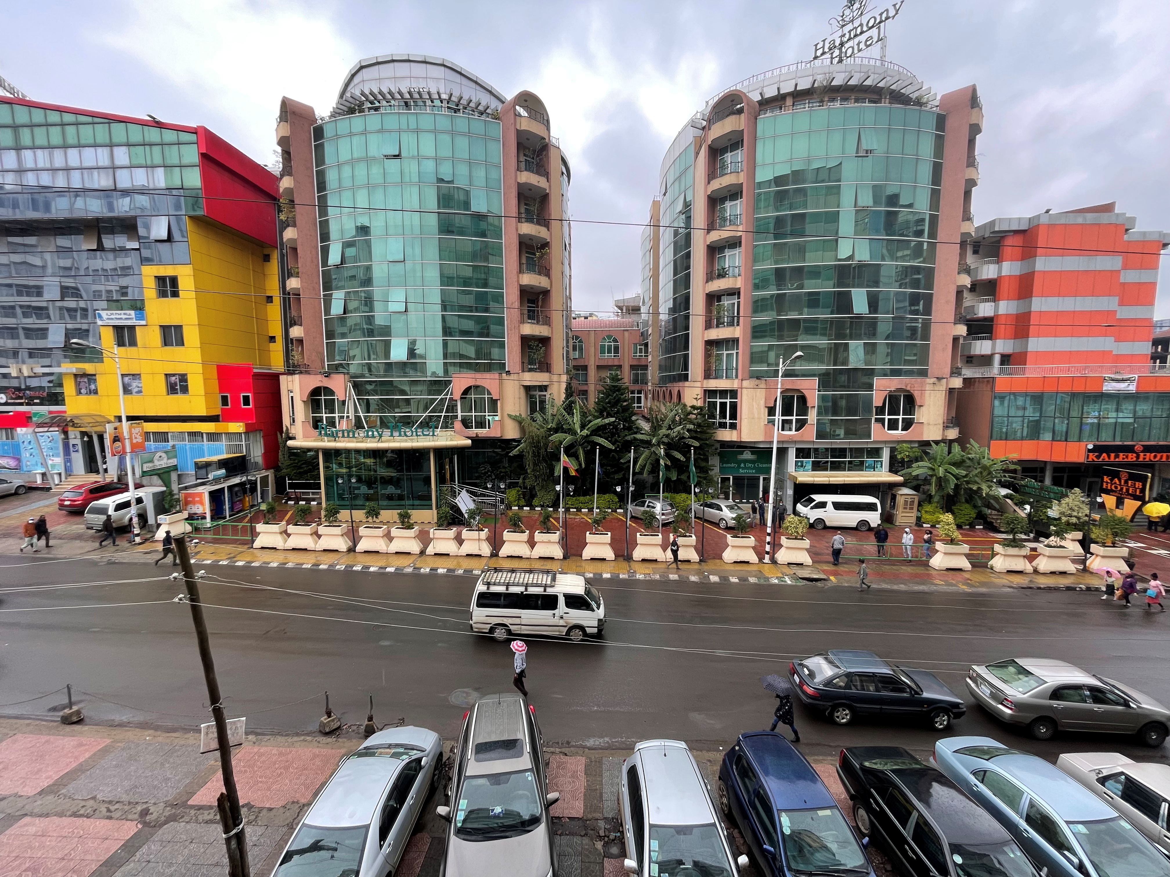 A general view shows activity past a closed Harmony Hotel and Kaleb hotel owned by a Tigrayan businessmen in Bole neighbourhood in Addis Ababa