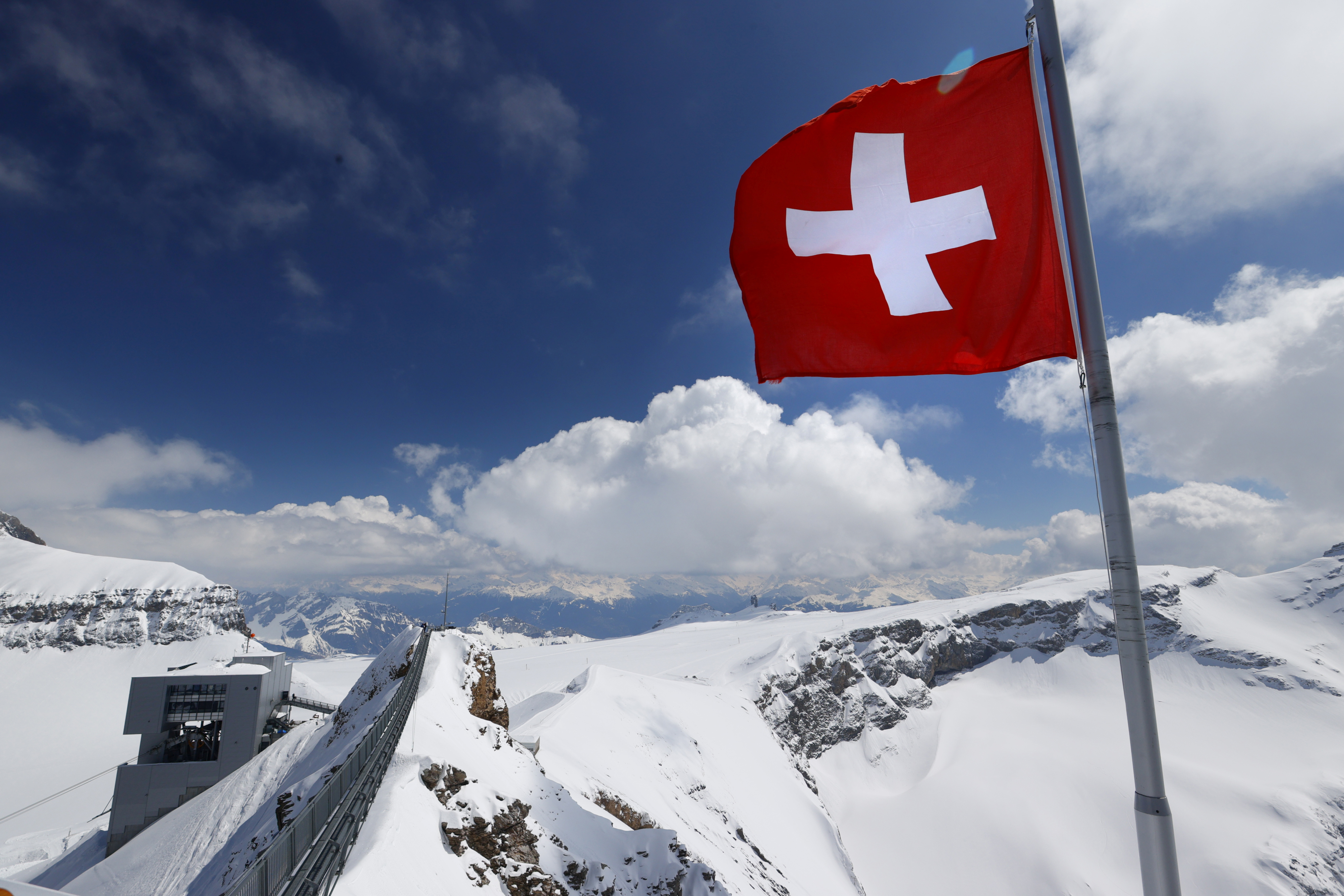 A Swiss flag is pictured at the Glacier 3000 in Les Diablerets