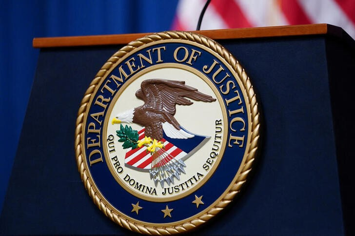 U.S. Justice Department seal is seen at Justice Department headquarters in Washington