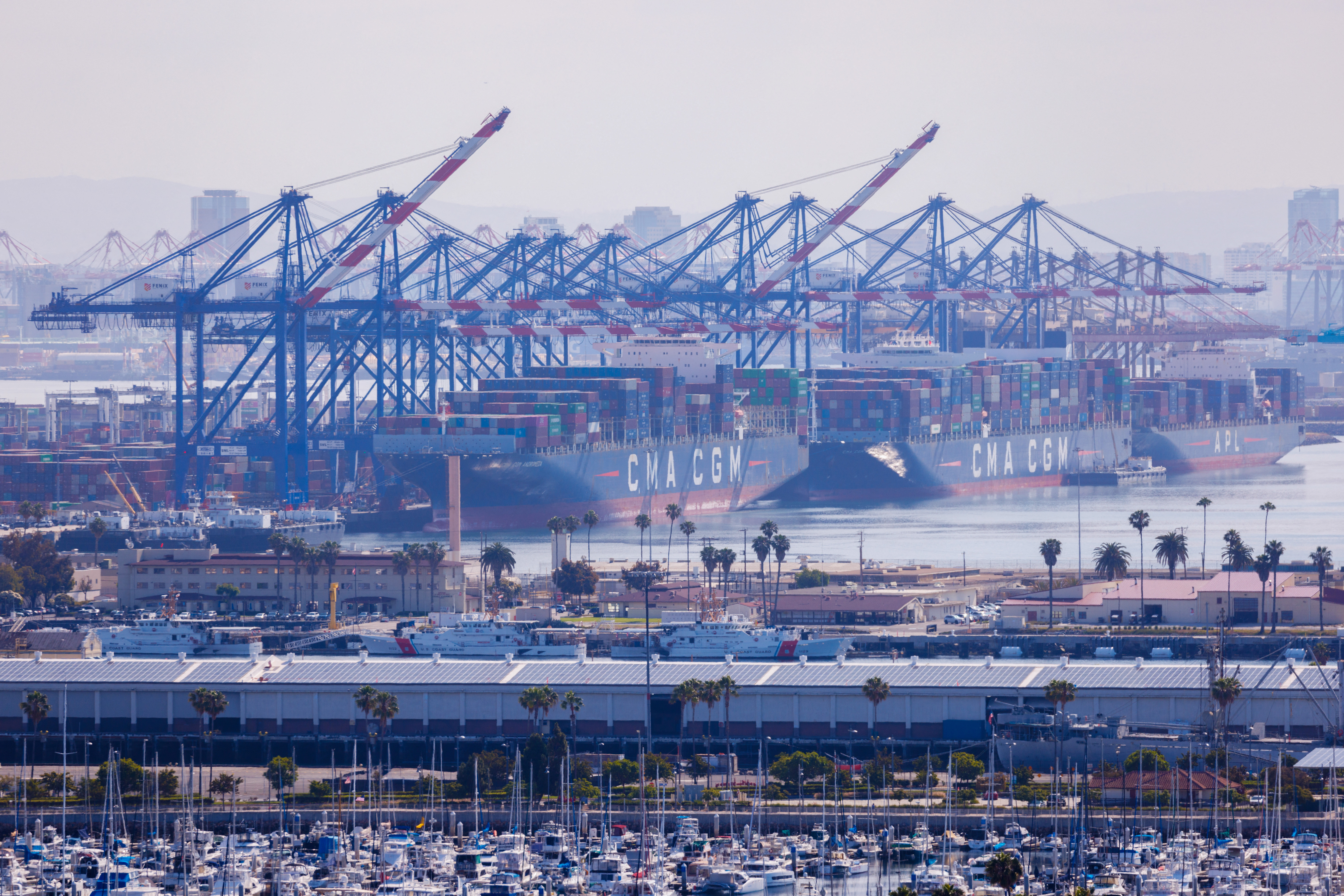 Containships are shown at the Port of Los Angeles