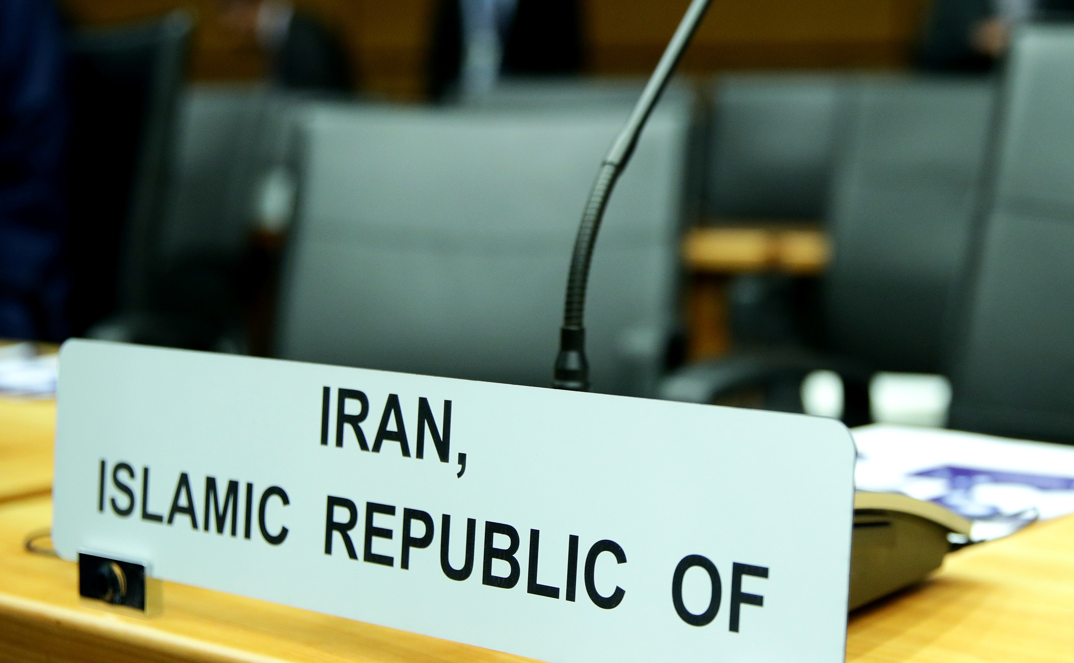 Sign marks the seat of Iran's ambassador to IAEA ahead of a board of governors meeting in Vienna