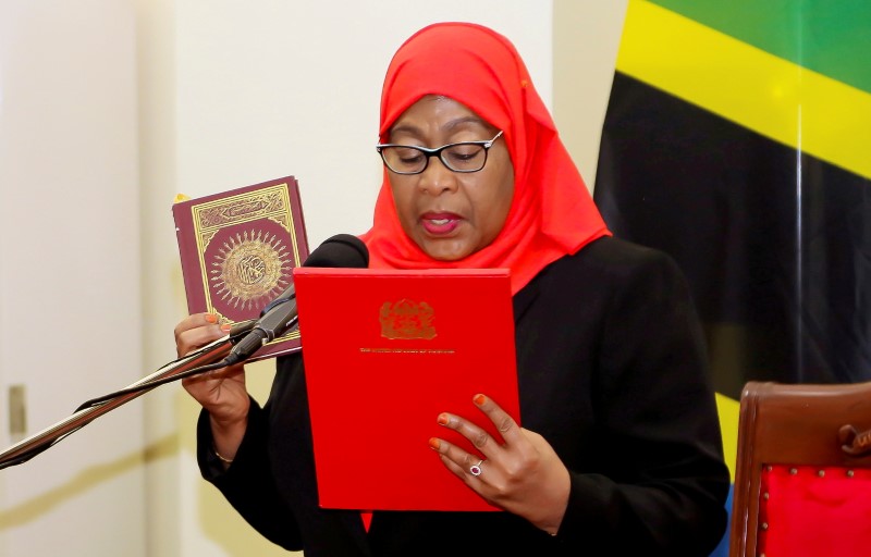 Tanzania's new President Samia Suluhu Hassan takes oath of office following the death of her predecessor John Pombe Magufuli in Dar es Salaam