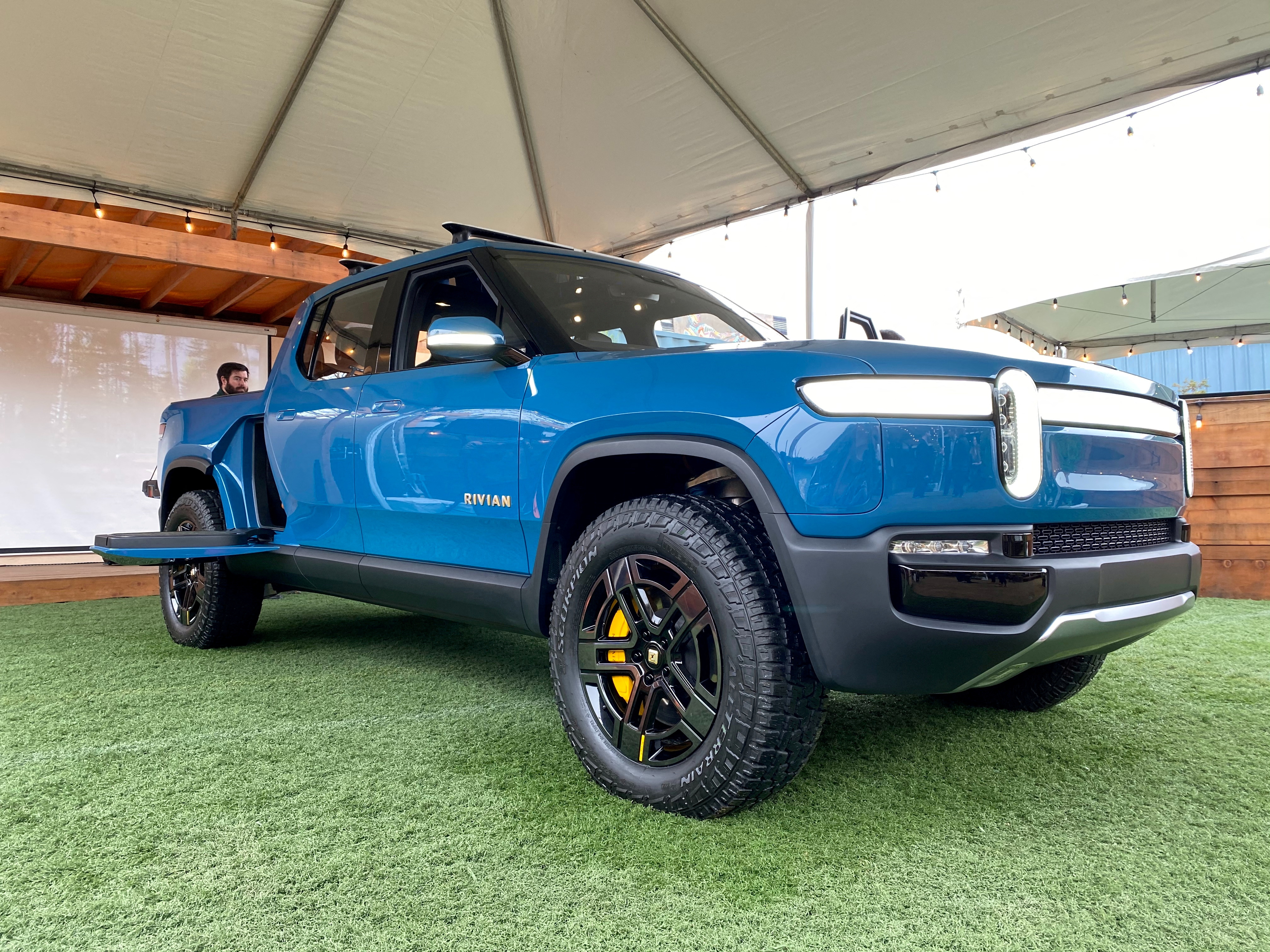 Electric vehicle startup Rivian shows off its SUV truck in Mill Valley