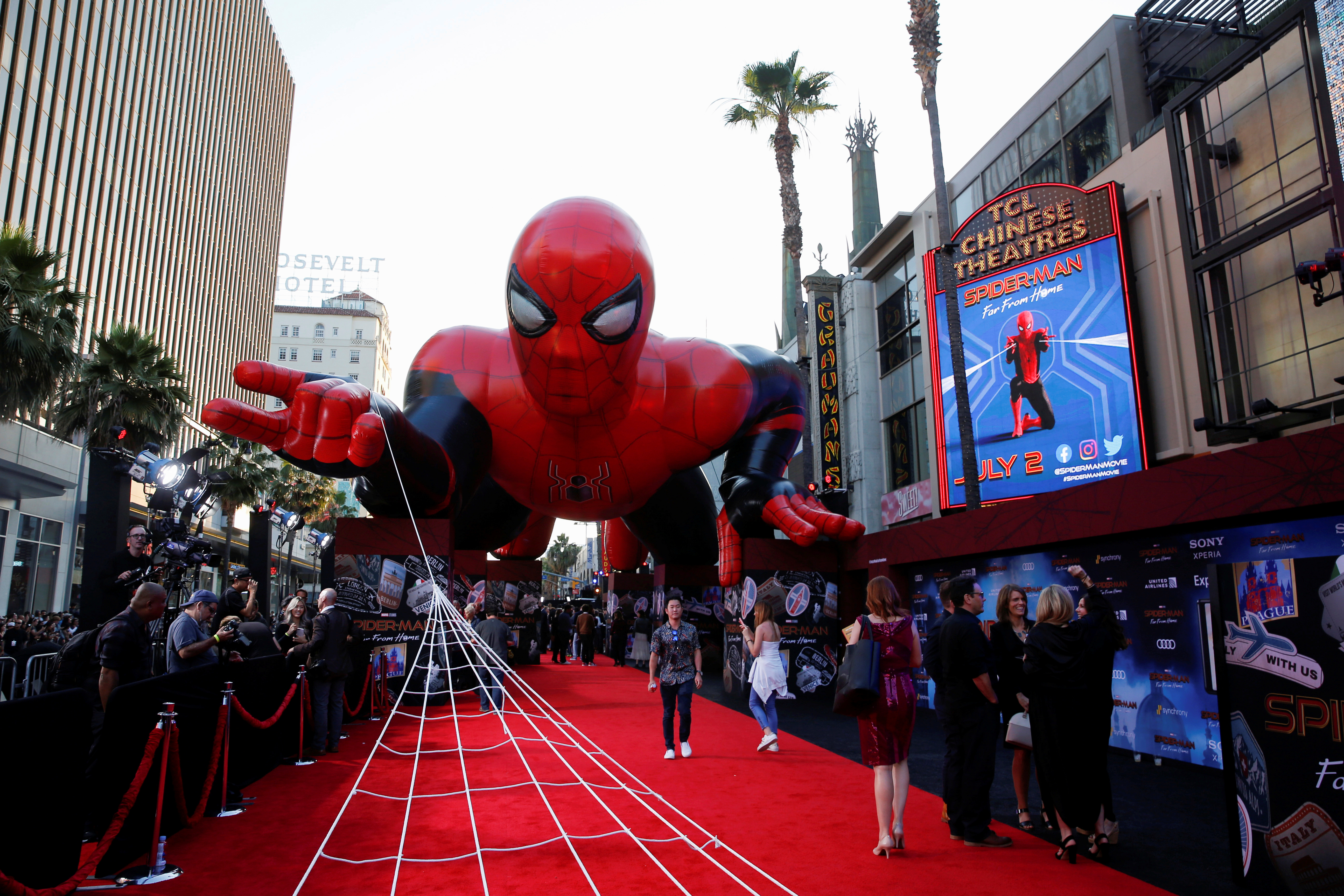 A giant spider-man balloon is seen above the red carpet along a closed Hollywood Blvd. outside the TCL Chinese Theatre for the World Premiere of Marvel Studios' 