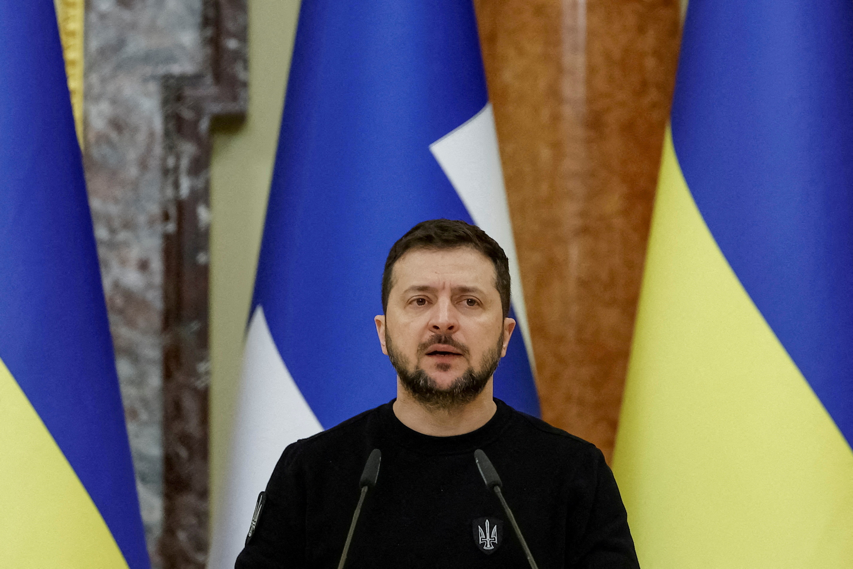 Ukrainian President Zelenskiy attends a joint news briefing with Finnish President Niinisto in Kyiv