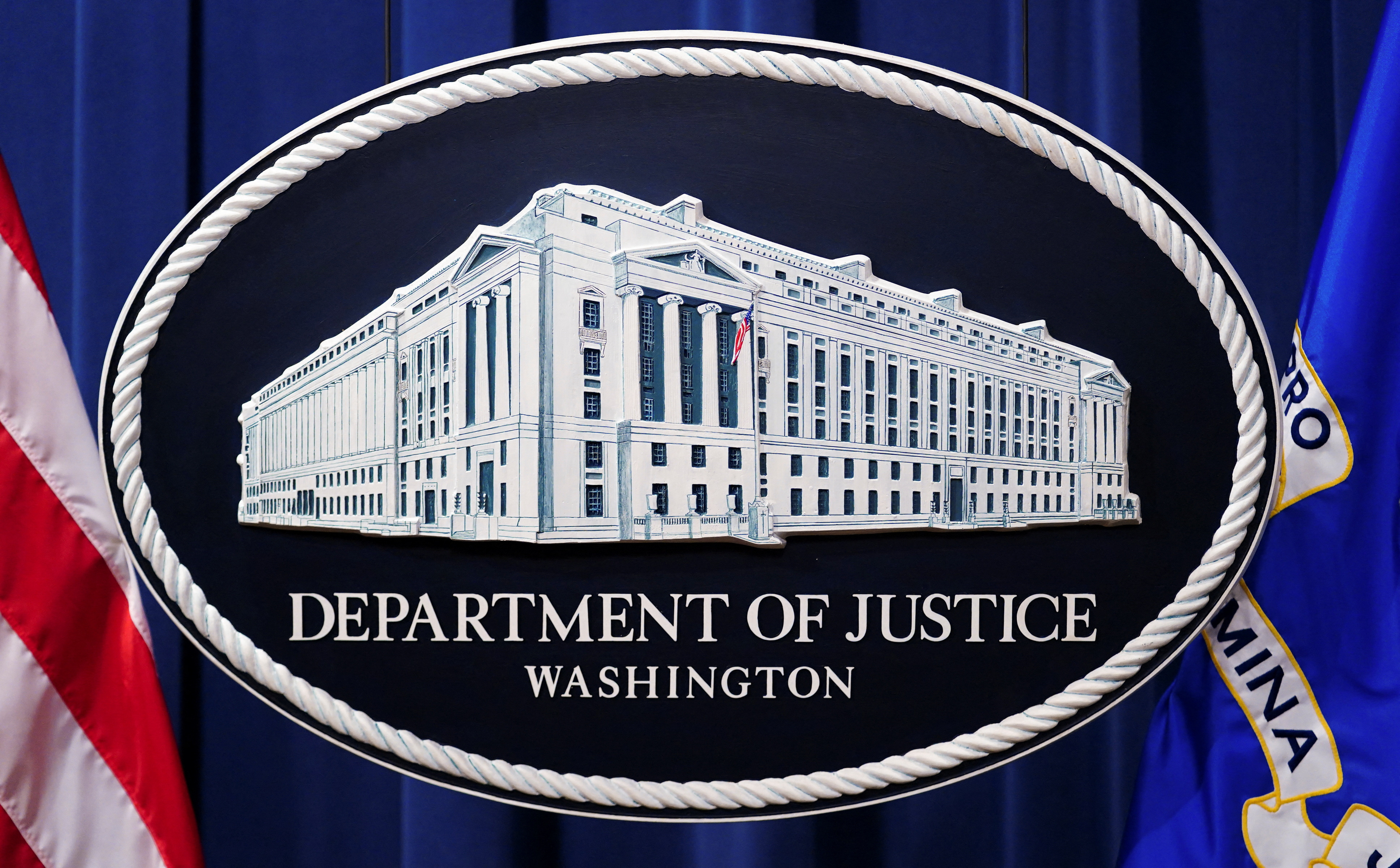 U.S. Justice Department logo is seen at Justice Department headquarters in Washington