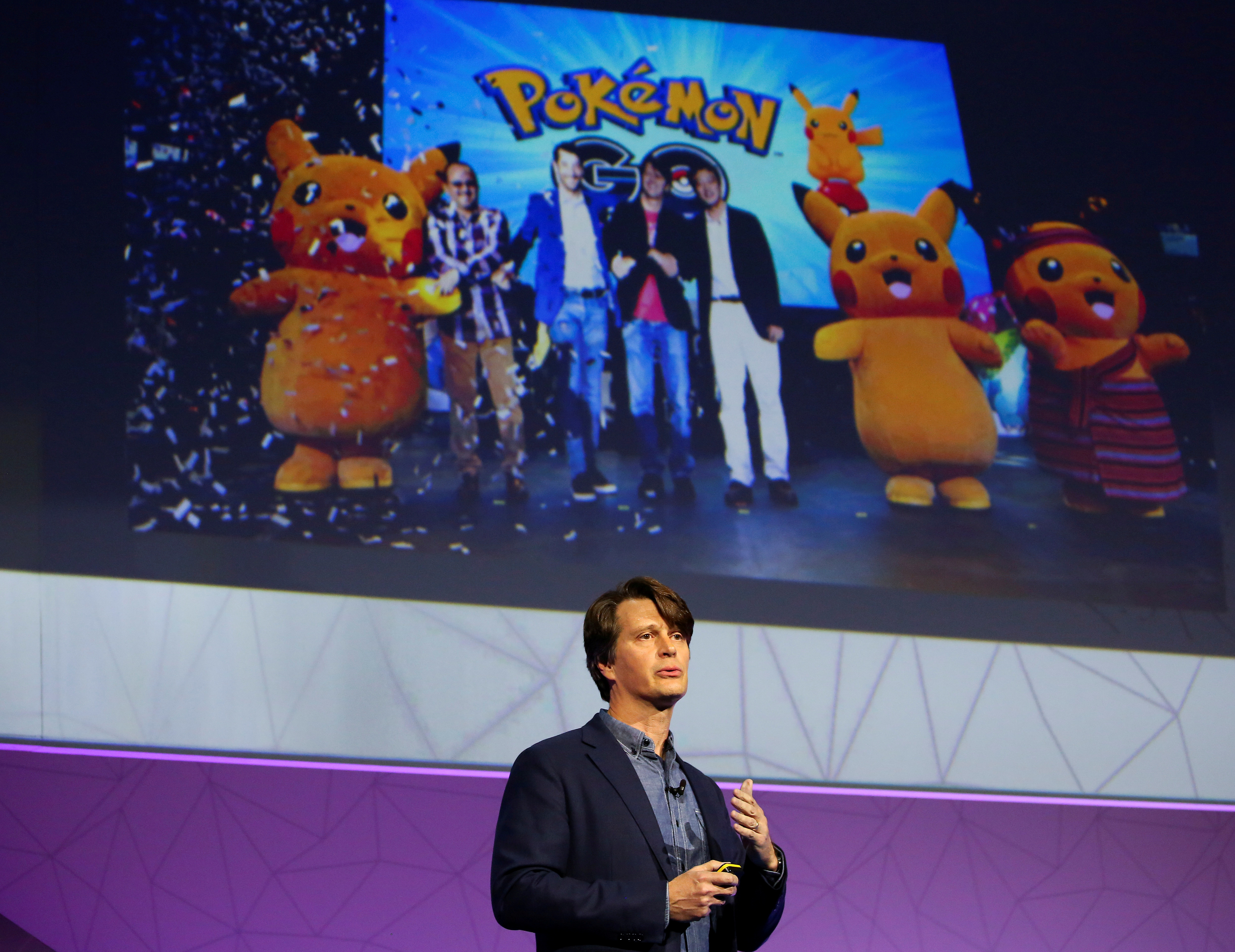 John Hanke, creator of Pokemon Go and Chief Executive Officer of Niantic gestures during his keynote speech at the Mobile World Congress in Barcelona