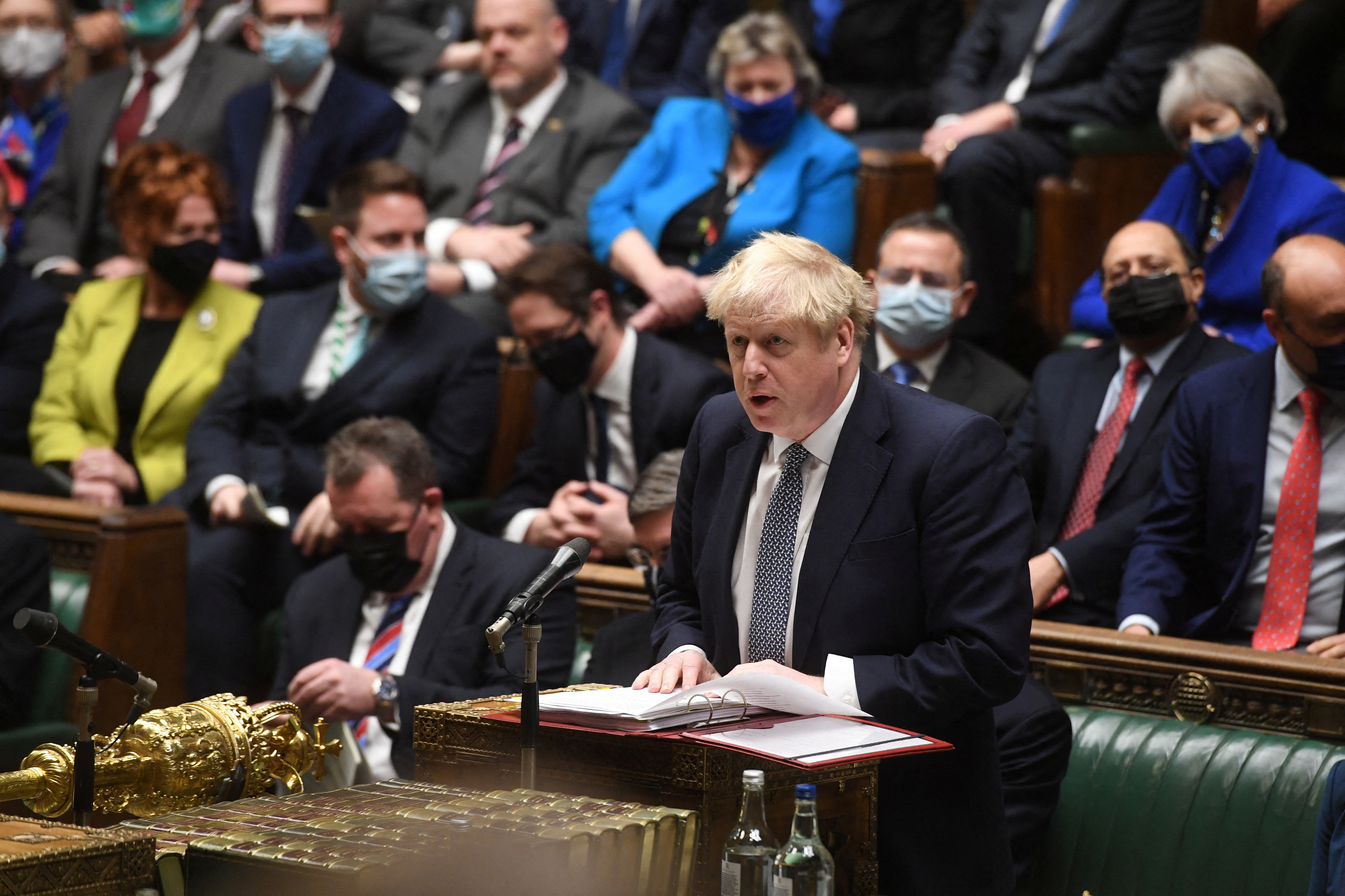British Prime Minister Boris Johnson attends the weekly Prime Minister's Questions at the parliament in London, Britain, January 12, 2022. UK Parliament/Jessica Taylor/Handout via REUTERS THIS IMAGE HAS BEEN SUPPLIED BY A THIRD PARTY. MANDATORY CREDIT. NO ALTERATIONS
