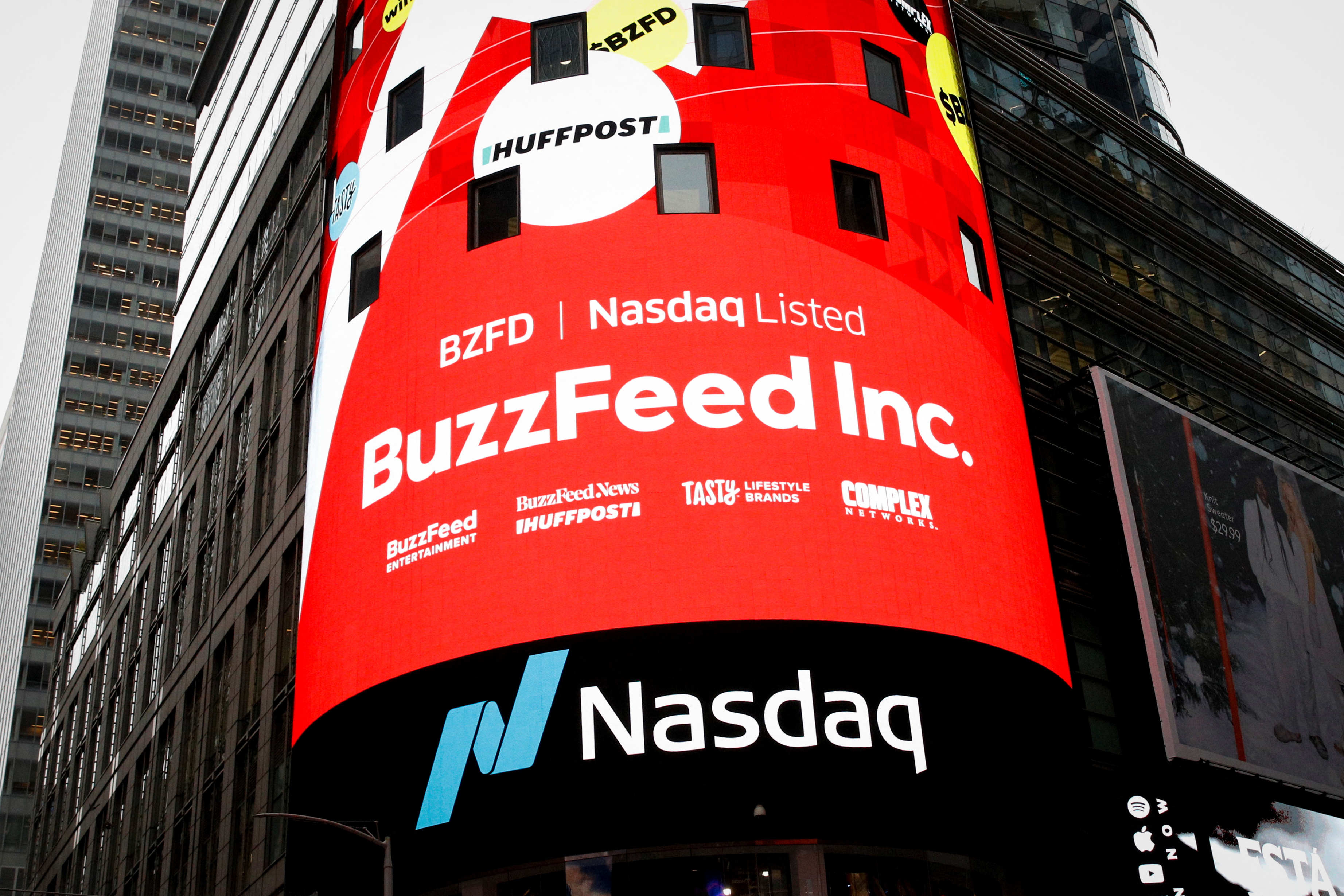 A screen announces the debut of BuzzFeed Inc. at the Nasdaq Market in Times Square in New York