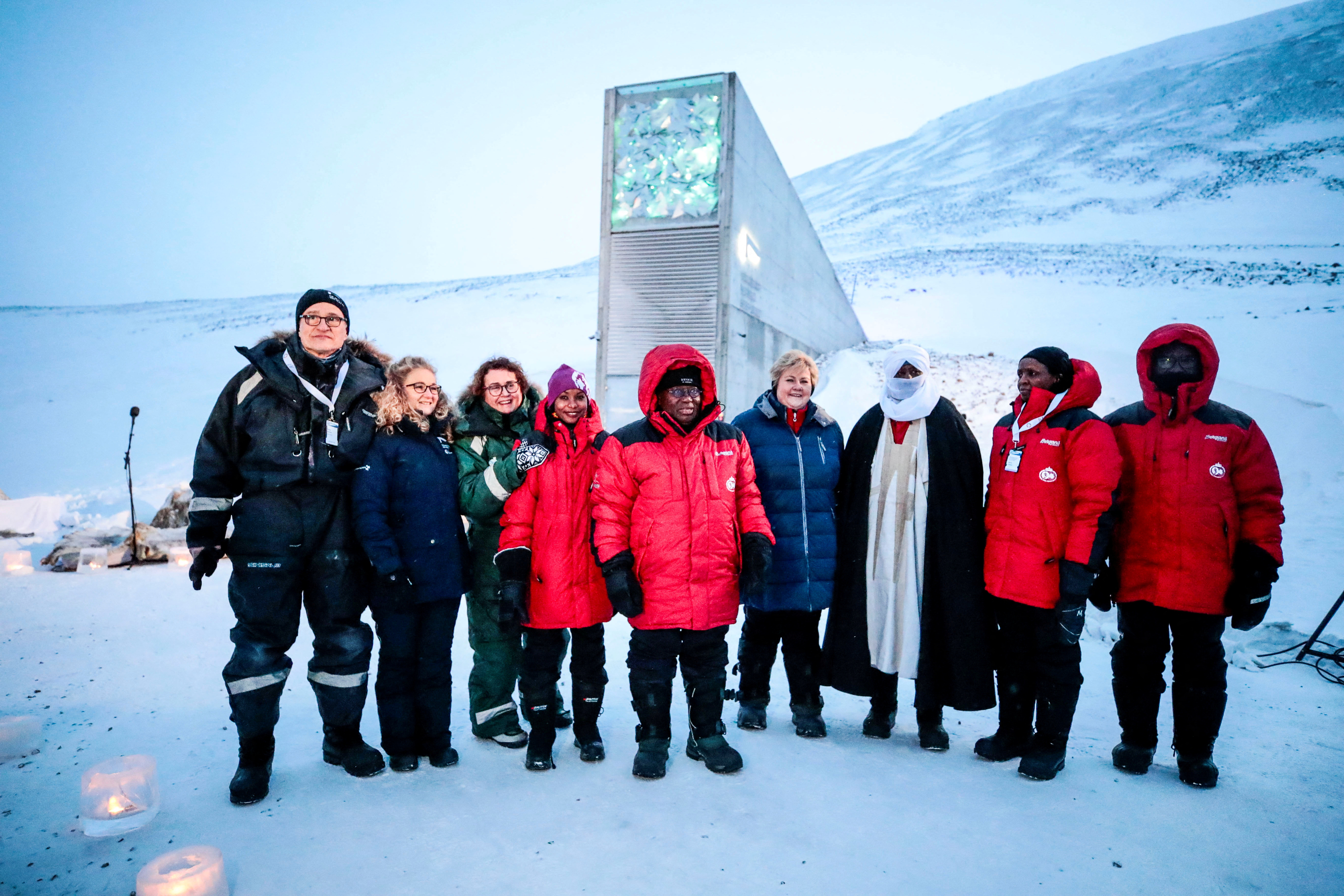 Norway's Prime Minister Erna Solberg, Agriculture and Food Minister Olaug V. Bollestad and Ghana's President Nana Akufo-Addo visit Svalbard's global seed vault in Longyearbyen
