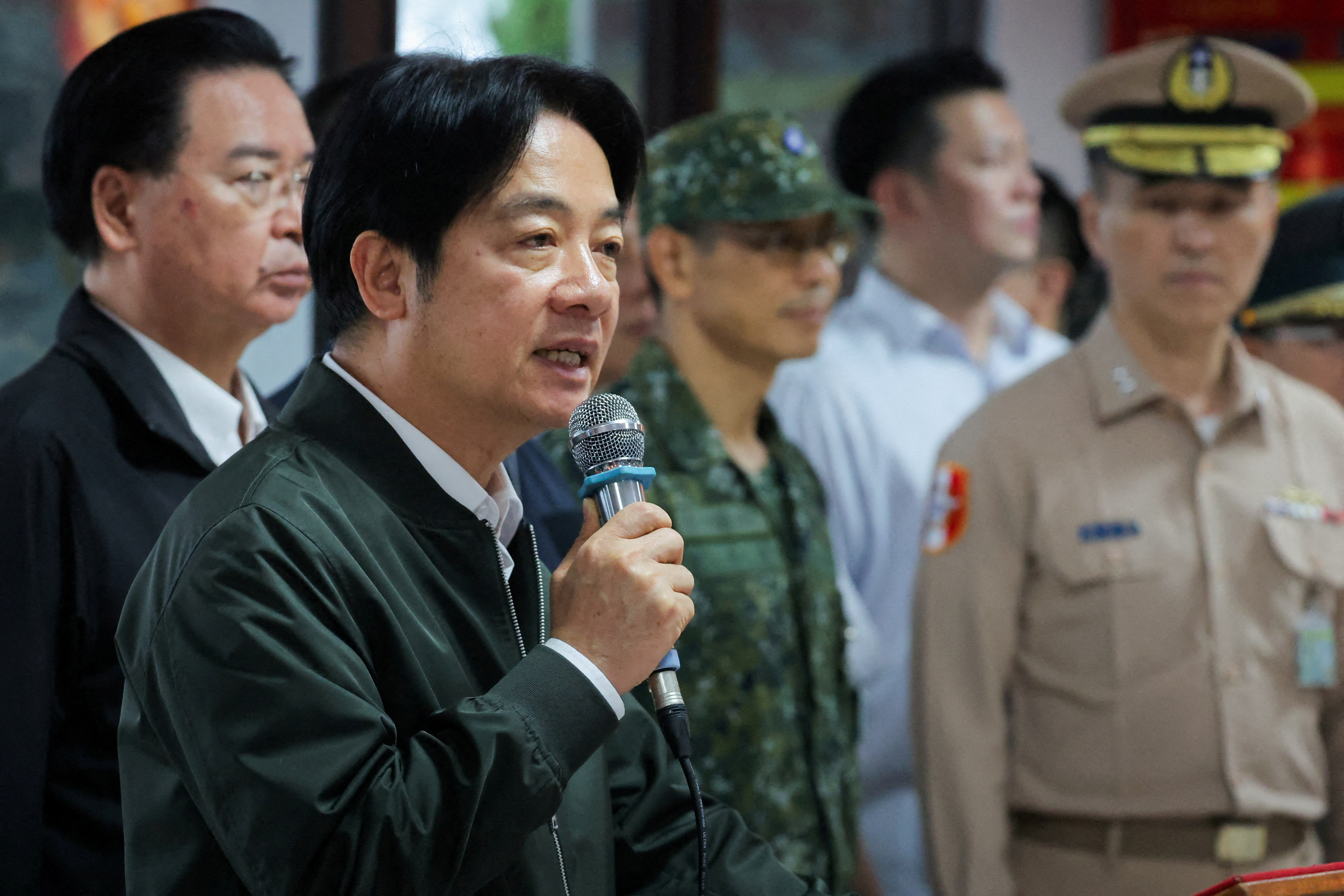 Taiwan President Lai Ching-te makes a speech during his visit to a military camp in Taoyuan