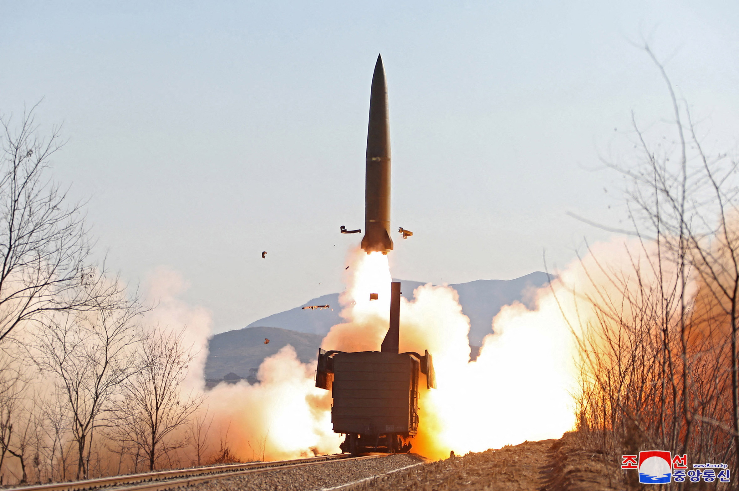 A railway-born missile is launched during firing drills according to state media, at an undisclosed location in North Korea, in this photo released January 14, 2022 by North Korea's Korean Central News Agency (KCNA).   KCNA via REUTERS    ATTENTION EDITORS - THIS IMAGE WAS PROVIDED BY A THIRD PARTY. REUTERS IS UNABLE TO INDEPENDENTLY VERIFY THIS IMAGE. NO THIRD PARTY SALES. SOUTH KOREA OUT. NO COMMERCIAL OR EDITORIAL SALES IN SOUTH KOREA.