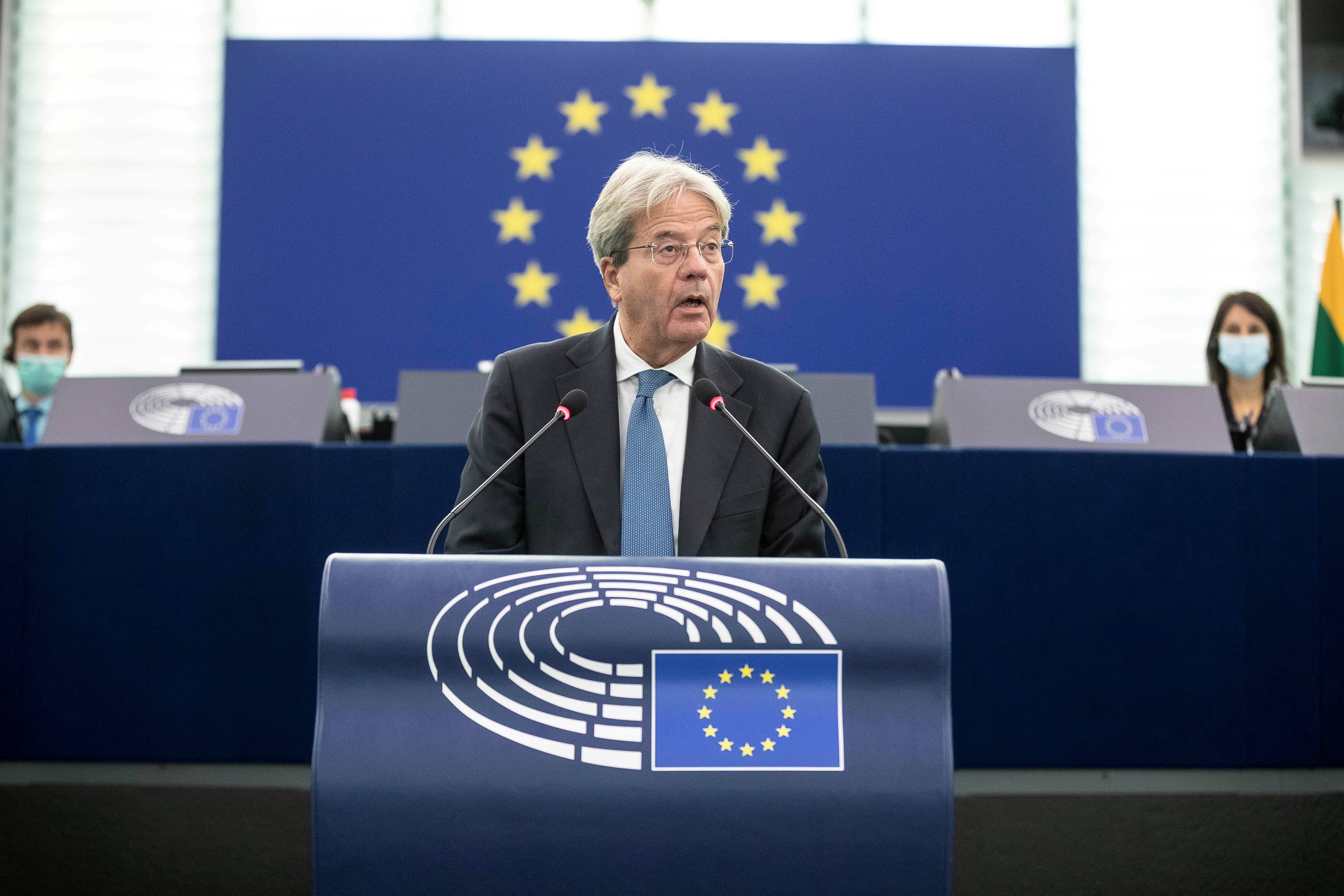 European Commissioner for Economy Paolo Gentiloni delivers his speech about the Pandora Papers and the implications on the efforts to combat money laundering, tax evasion and avoidance at the European Parliament, in Strasbourg, France October 6, 2021. Jean-Francois Badias/Pool via REUTERS