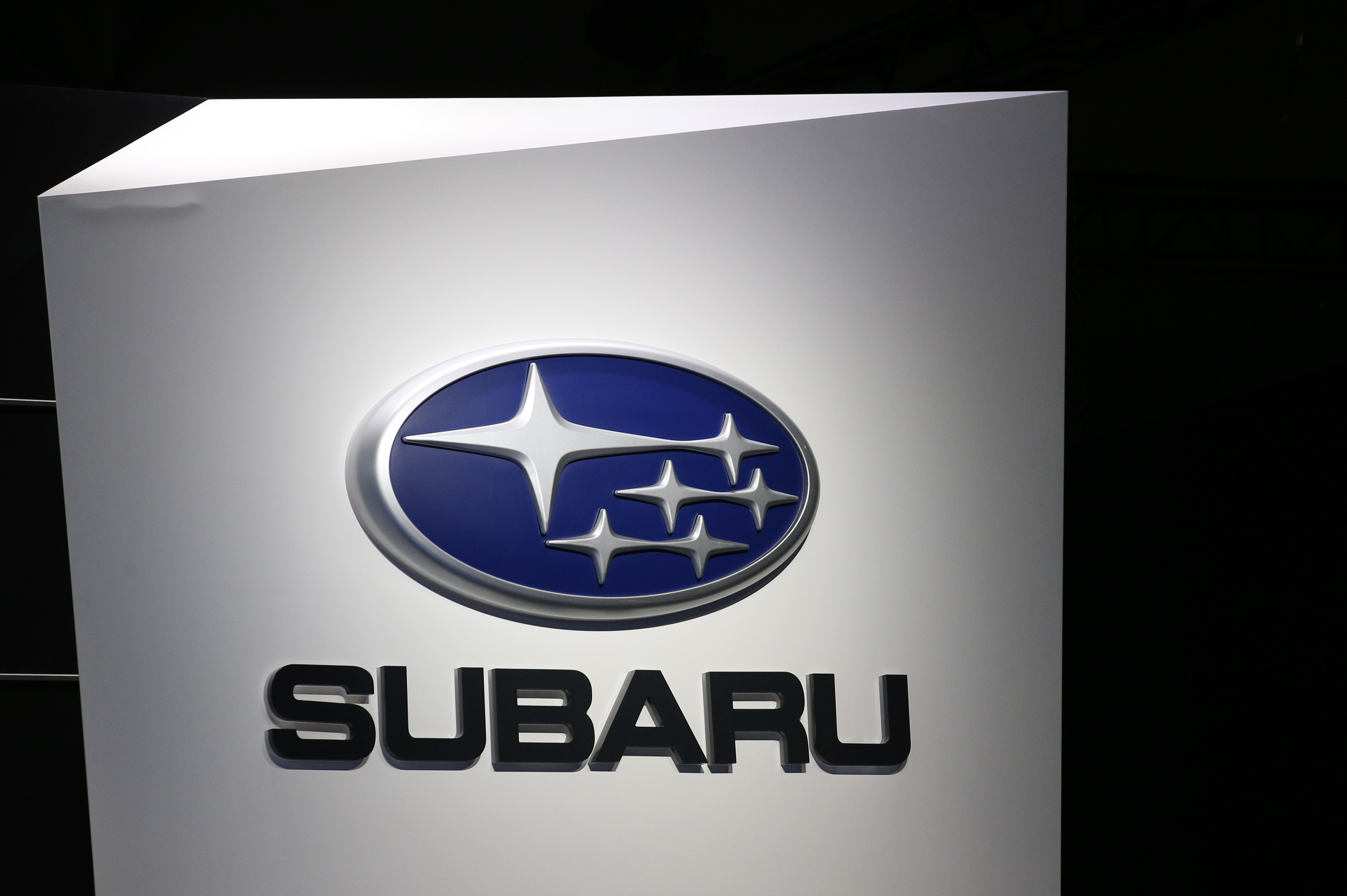 The Subaru logo is seen at the New York Auto Show in New York