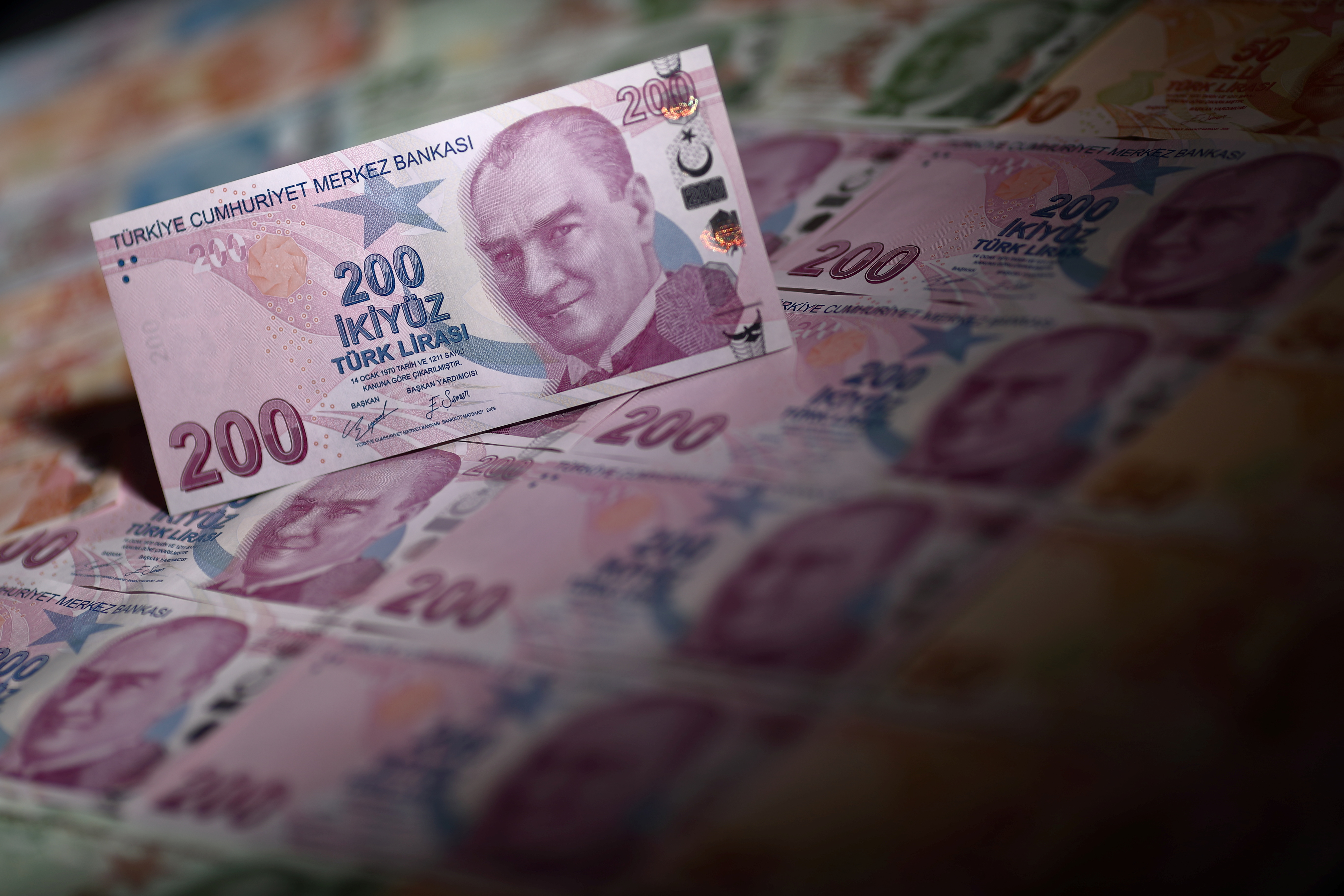 Turkish lira banknotes are seen in this illustration