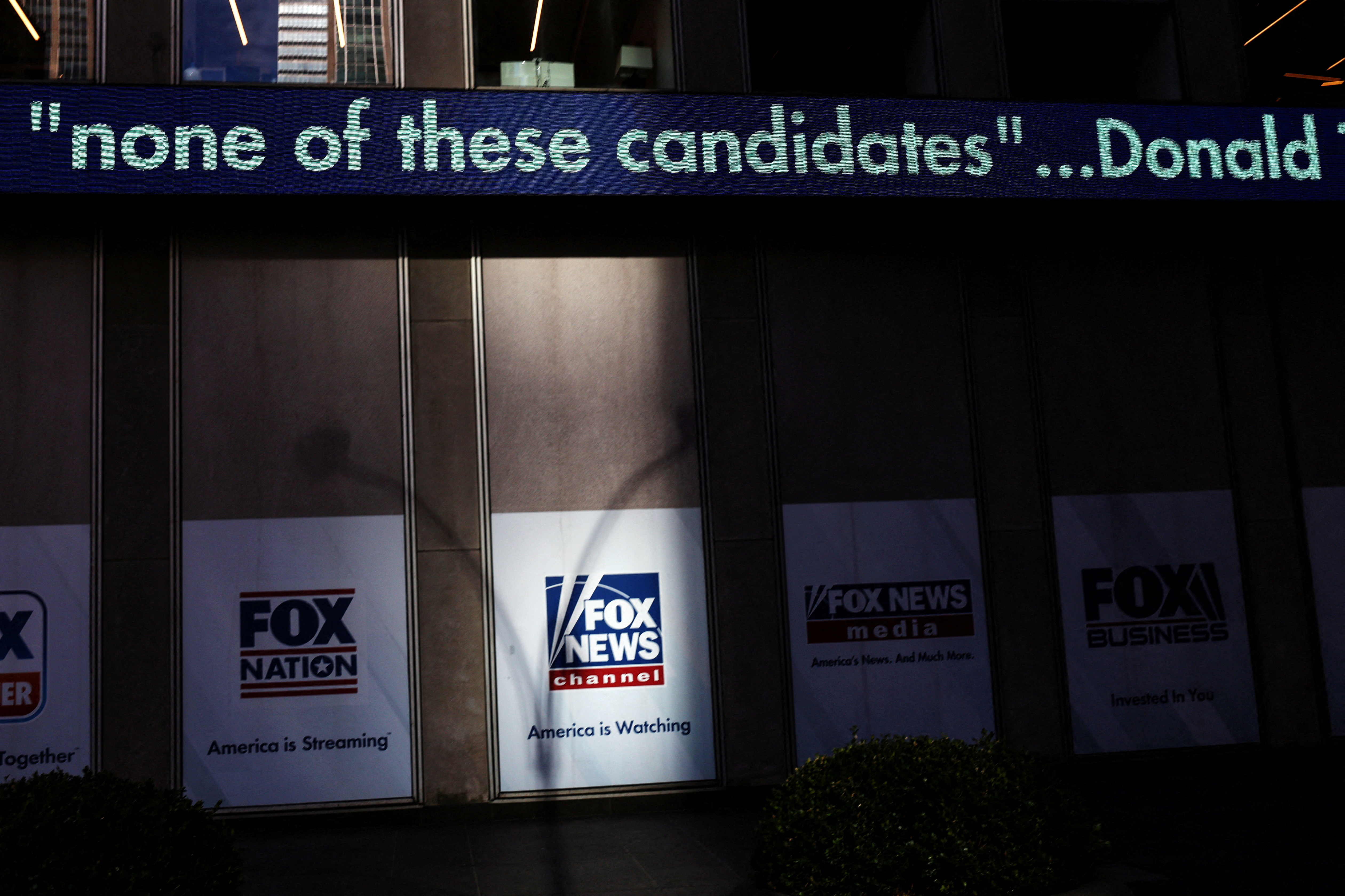 The electronic news ticker of Fox News reads at the News Corp. Building in the Midtown area of New York City