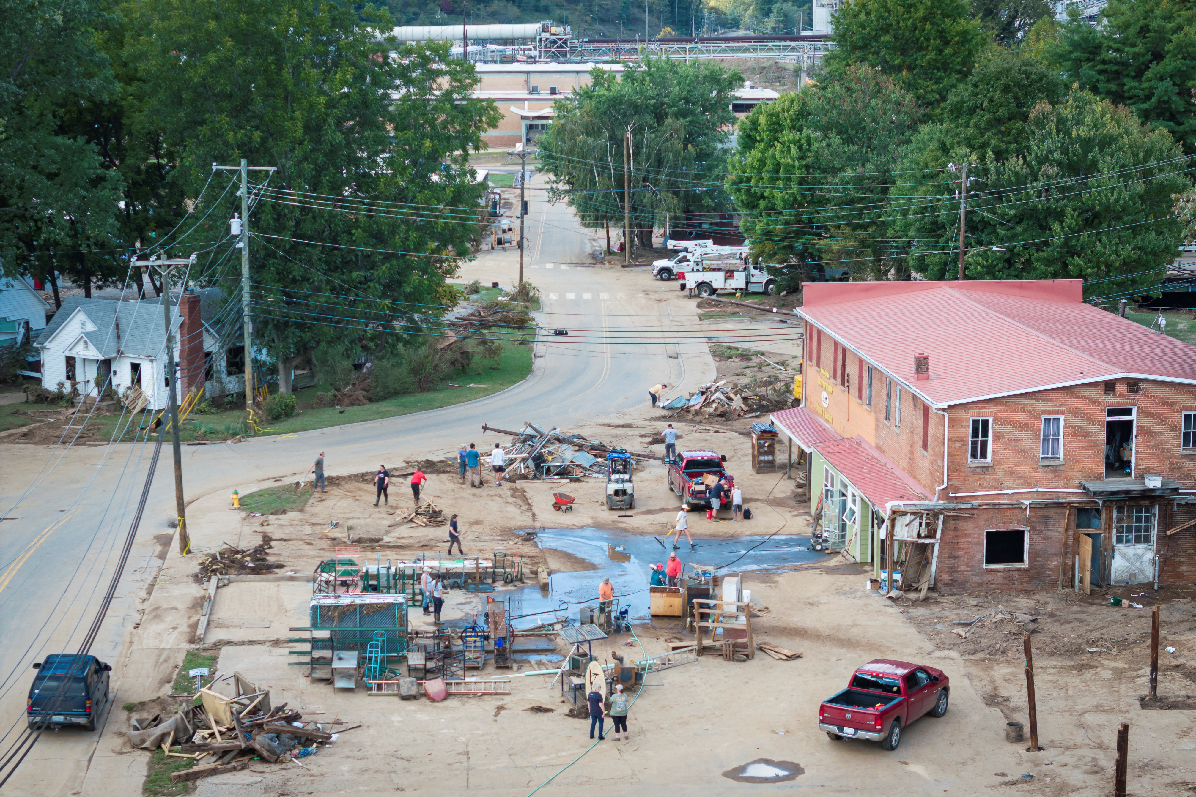 A drone view shows a damaged area following the passing of Hurricane Helene, in Canton, North Carolina, U.S., October 2, 2024. REUTERS/Marco Bello 