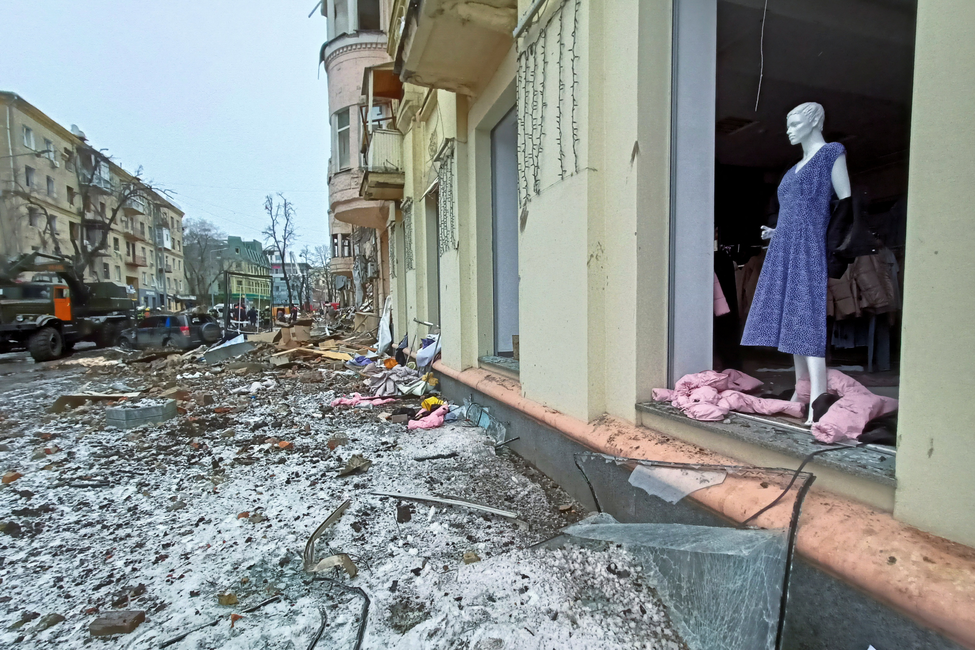 A building damaged by air strike is seen in central Kharkiv