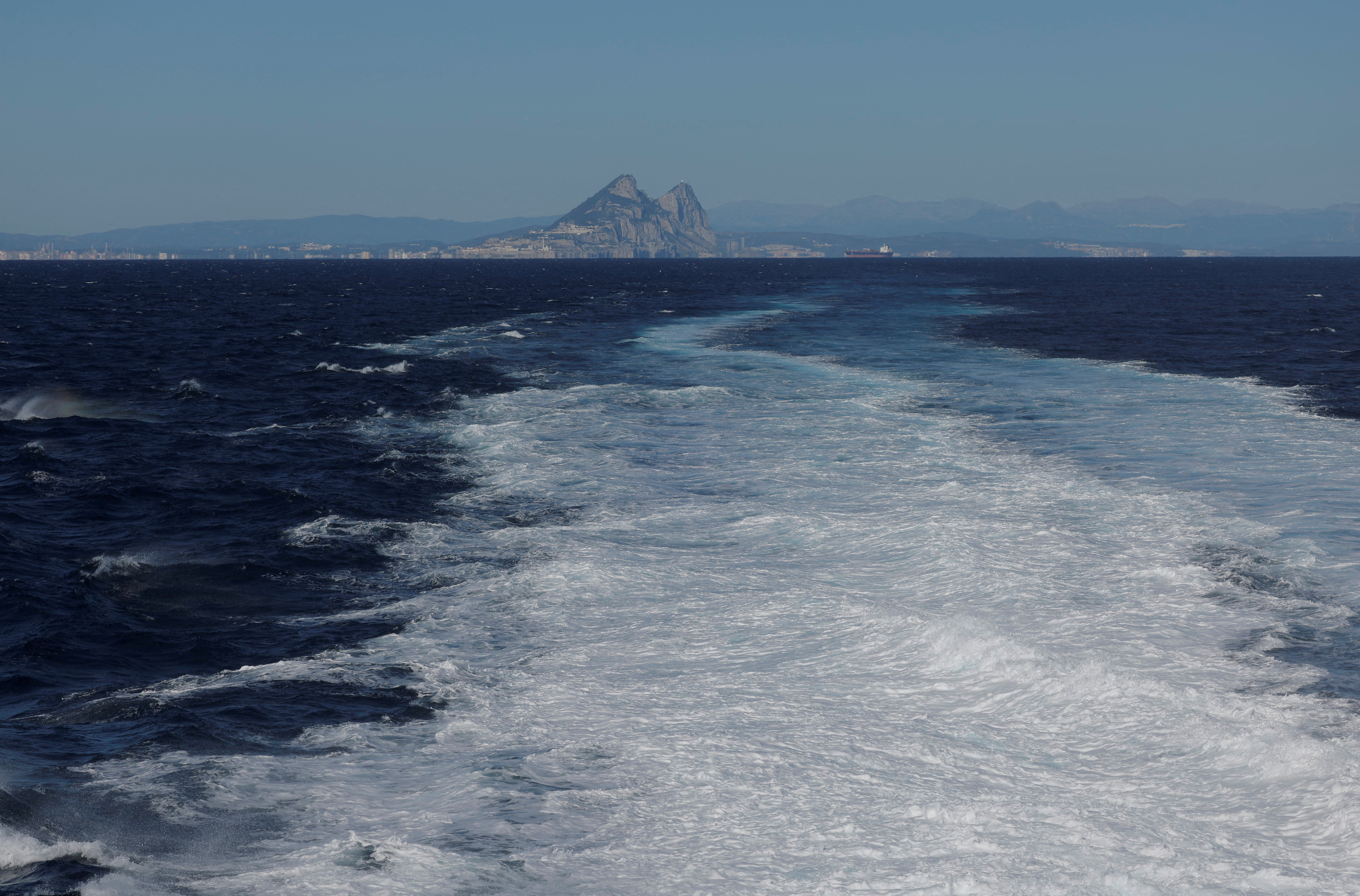 The Rock of Gibraltar is seen from a ferry in the Strait of Gibraltar