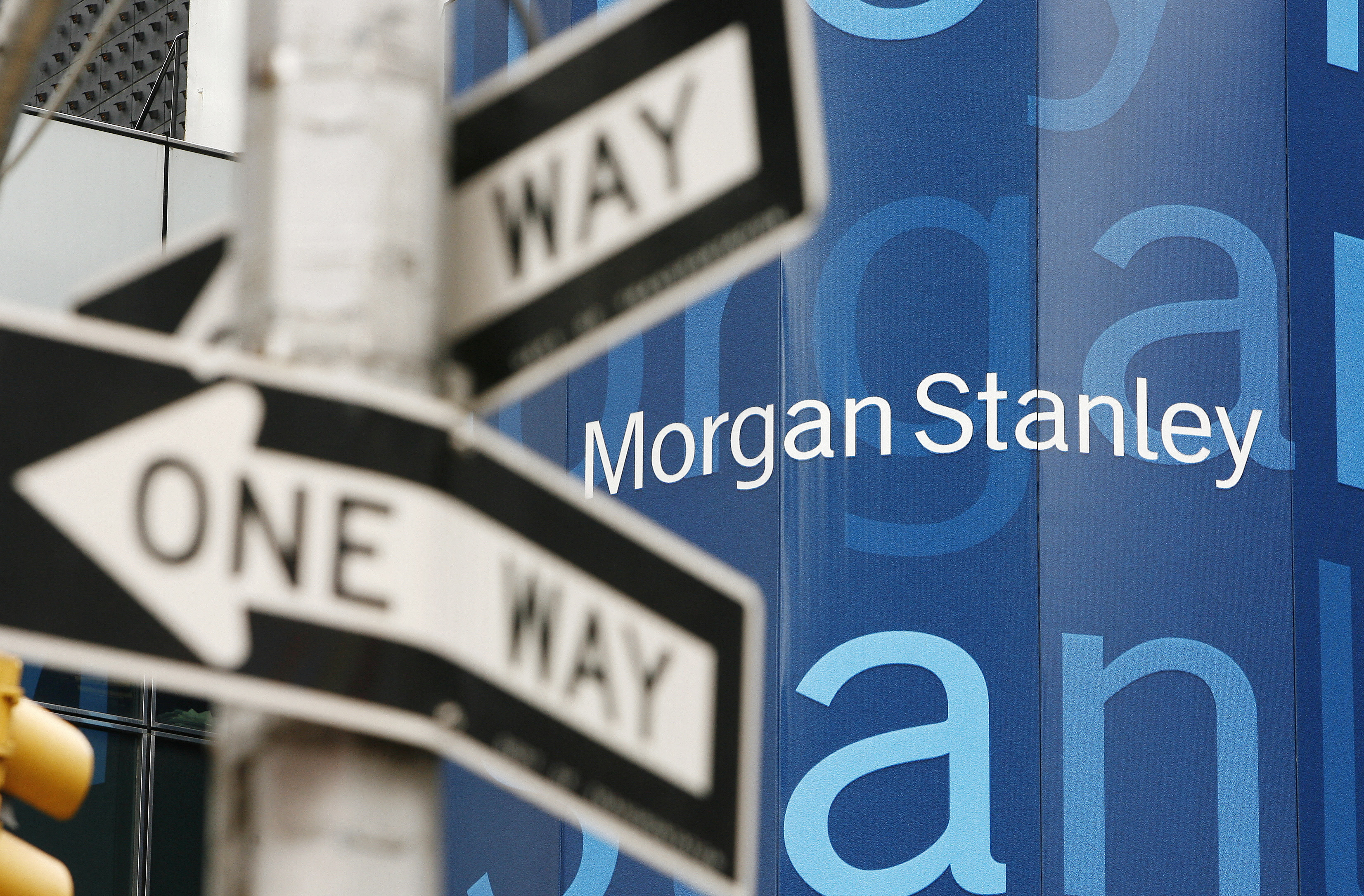 A street sign stands near the Morgan Stanley worldwide headquarters building in New York
