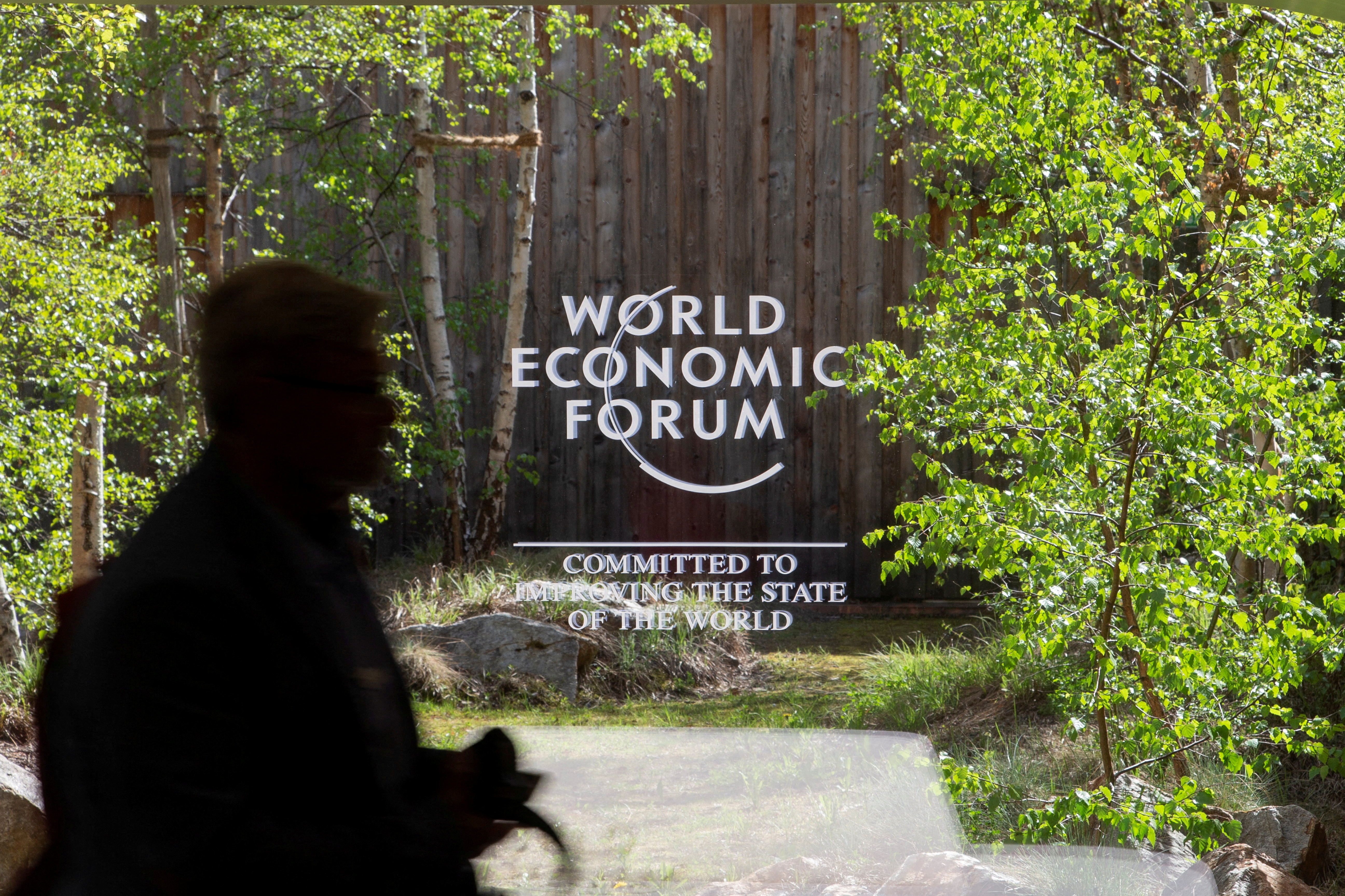Logo of the upcoming World Economic Forum 2022 (WEF) is pictured in Davos