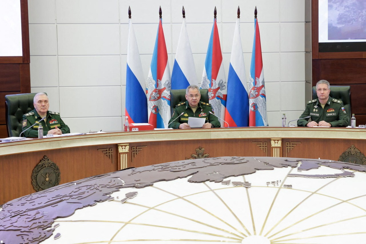Russian Defence Minister Sergei Shoigu delivers a speech during a meeting of the Defence Ministry Board in Moscow