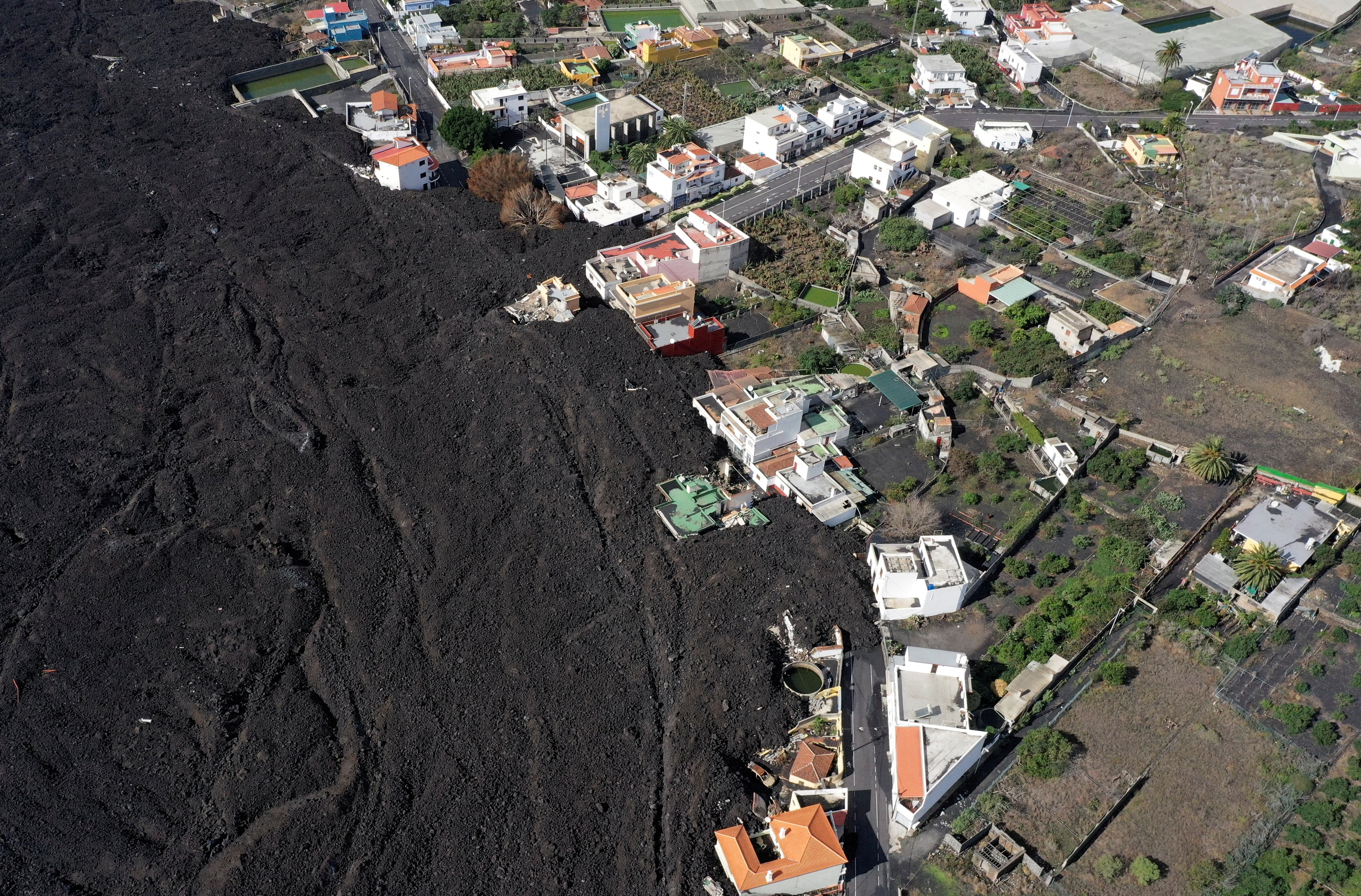 Aerial view of the lava from the Cumbre Vieja volcano near La Laguna neighborhood