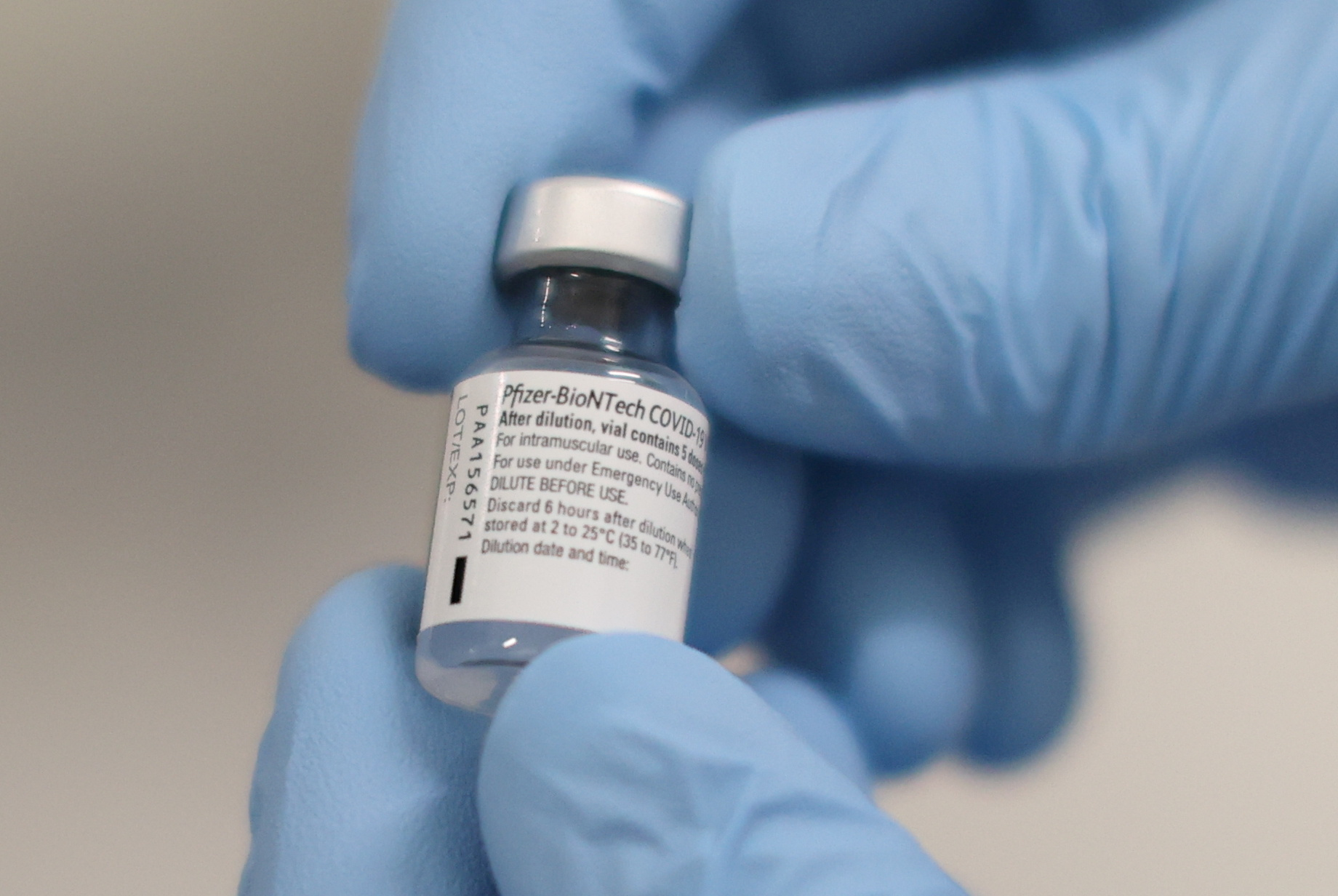 A phial of the Pfizer/BioNTech COVID-19 vaccine is seen at the Royal Victoria Hospital in Belfast