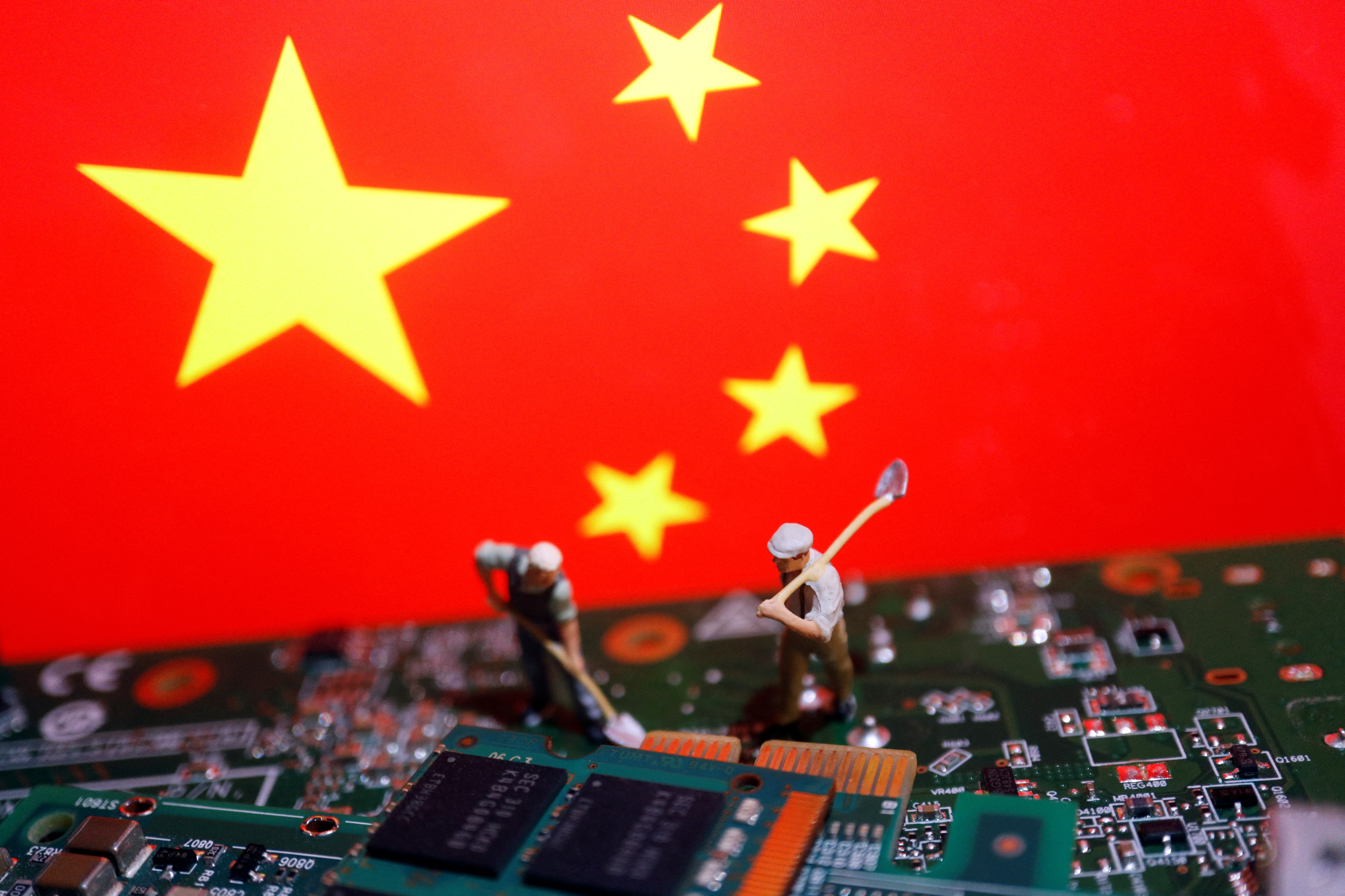 Illustration picture of semiconductor chips and Chinese flag