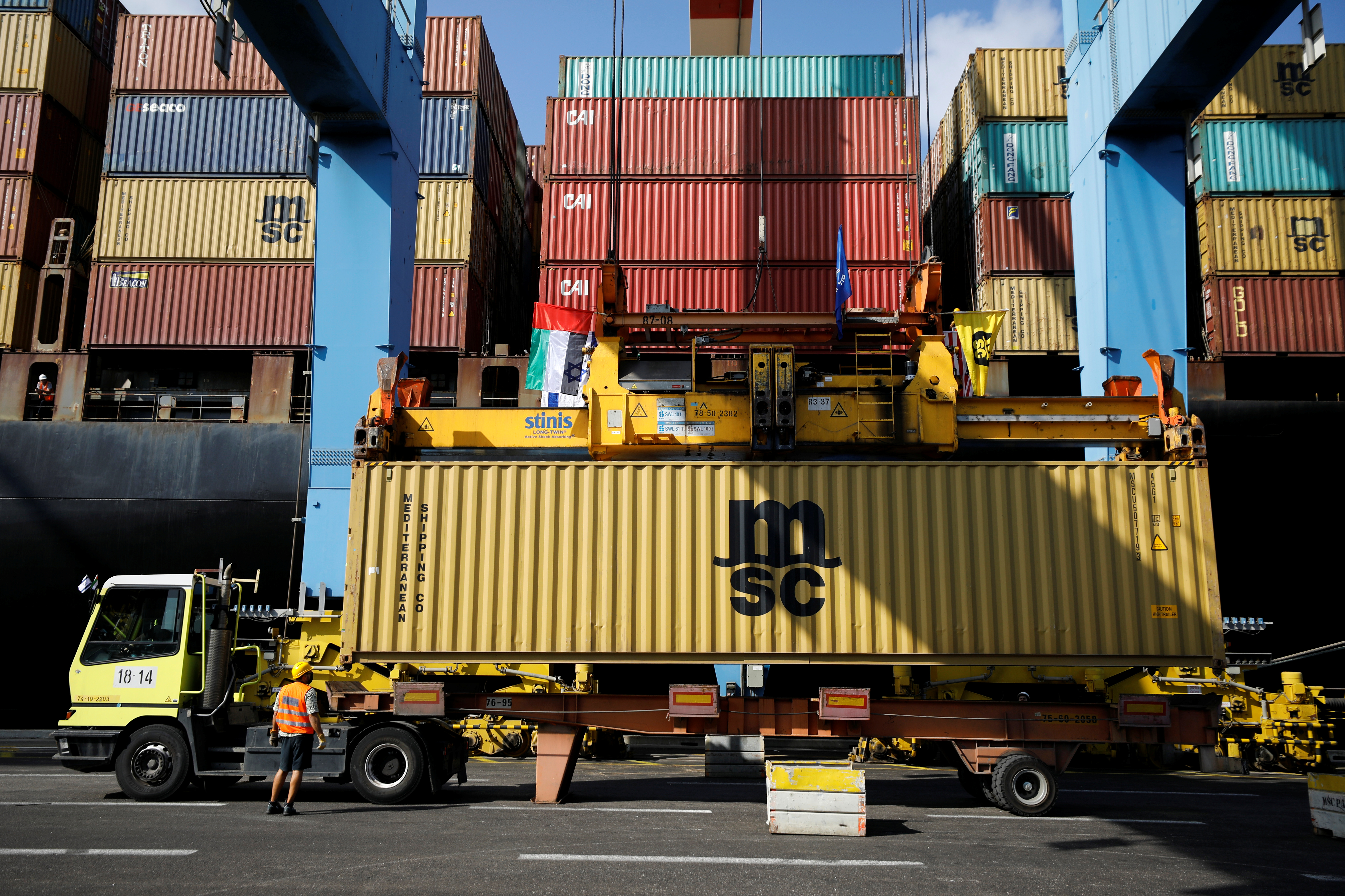 Containers carrying goods from the United Arab Emirates seen at Haifa's port