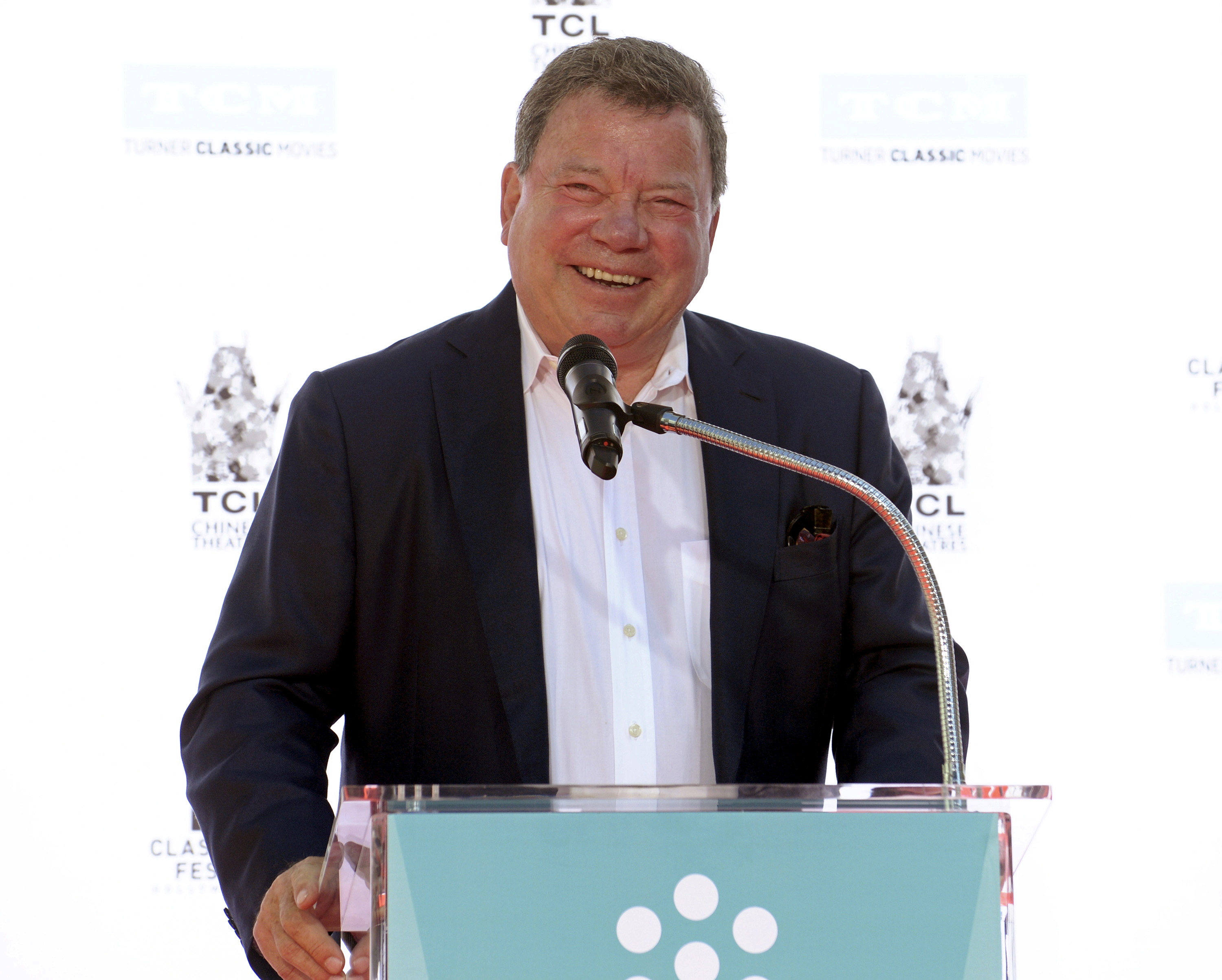 Actor Shatner speaks during a handprint and footprint ceremony honoring actor Plummer at the TCL Chinese Theatre in Los Angeles