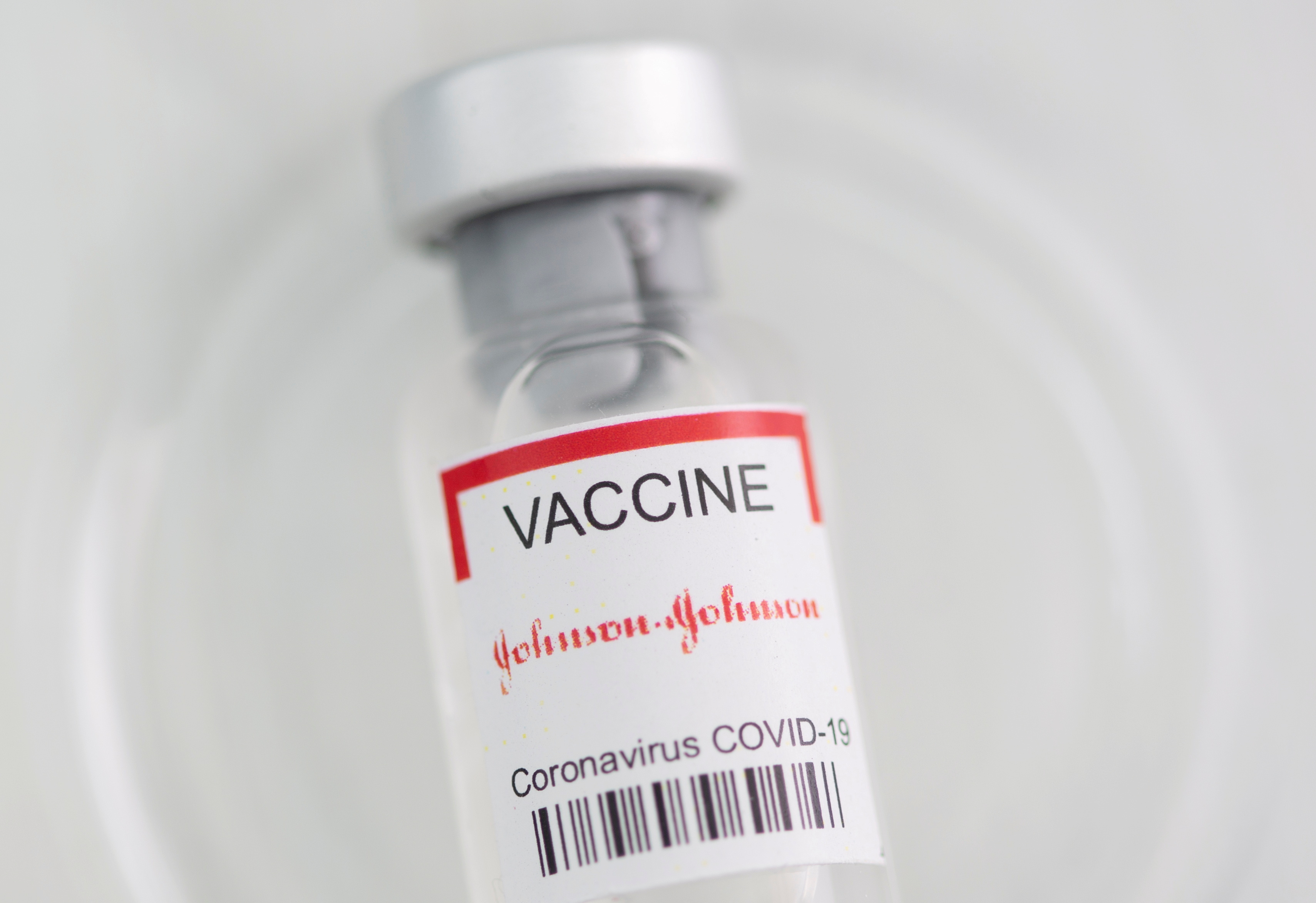 Vial labelled "Johnson&Johnson coronavirus disease (COVID-19) vaccine" is seen in this illustration picture