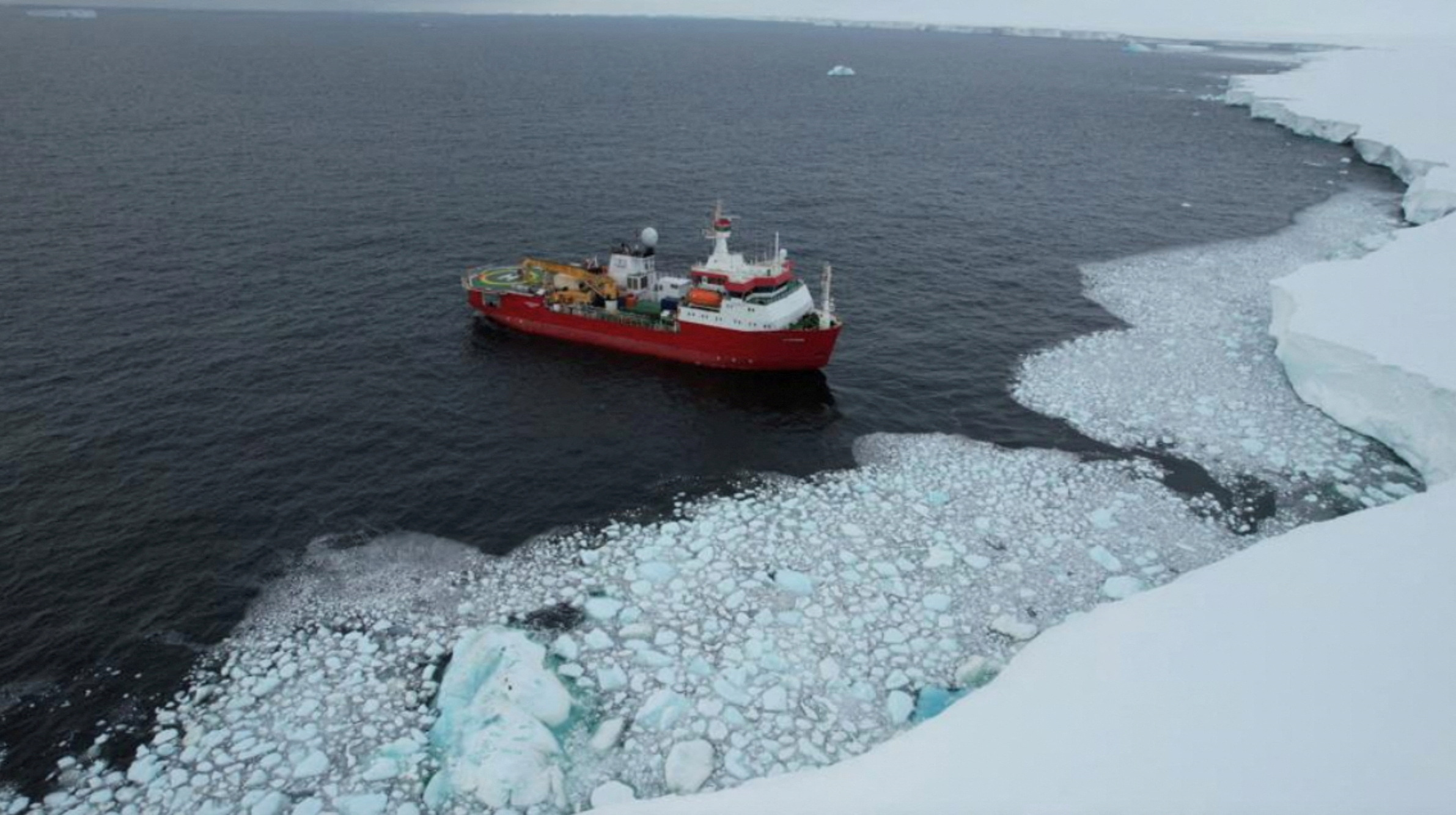 Italian ice breaker vessel Laura Bassi carrying scientists researching in the Antarctic sails near the Bay of Wales