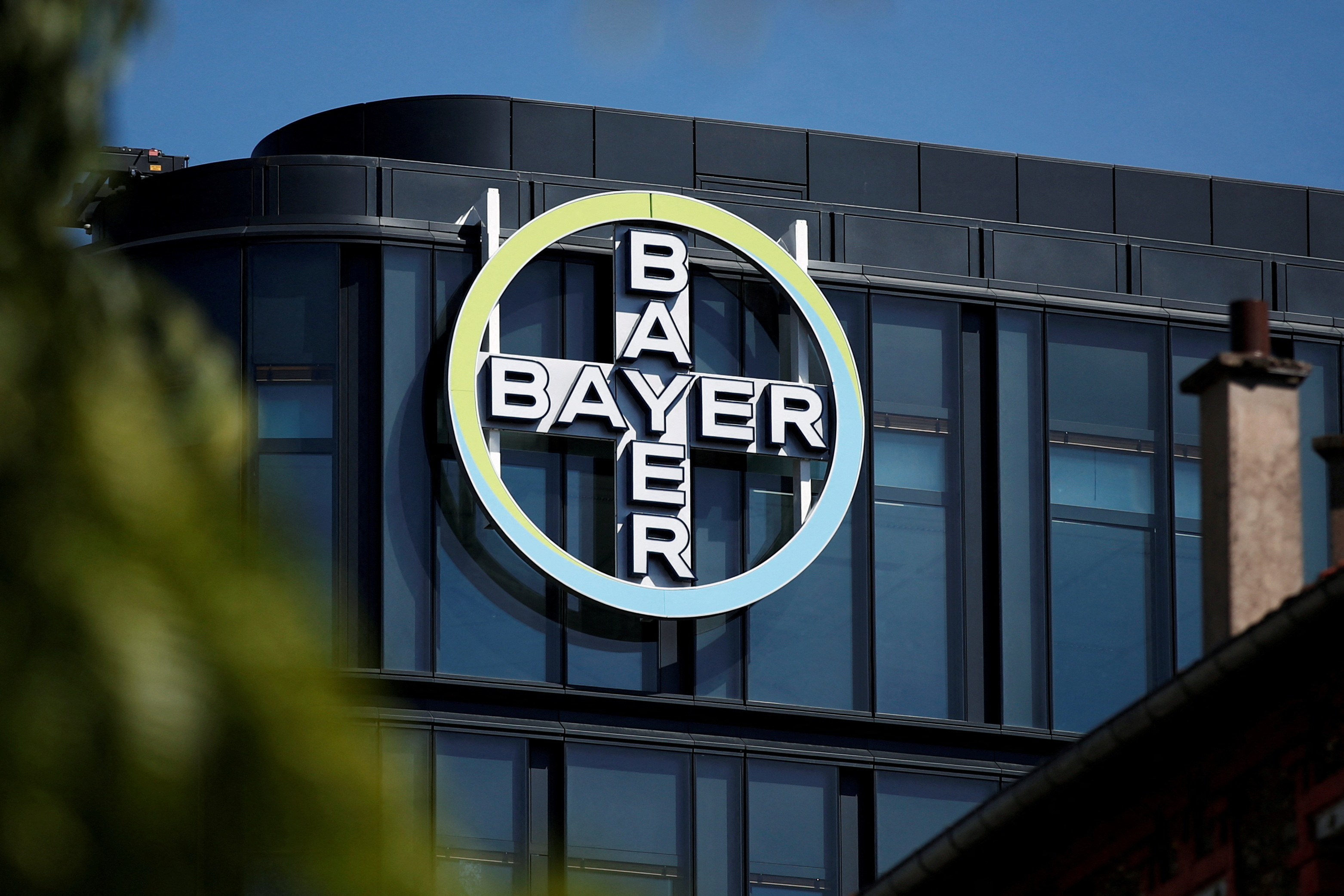 The Bayer AG logo sits on display at the headquarters in La Garenne-Colombes, near Paris