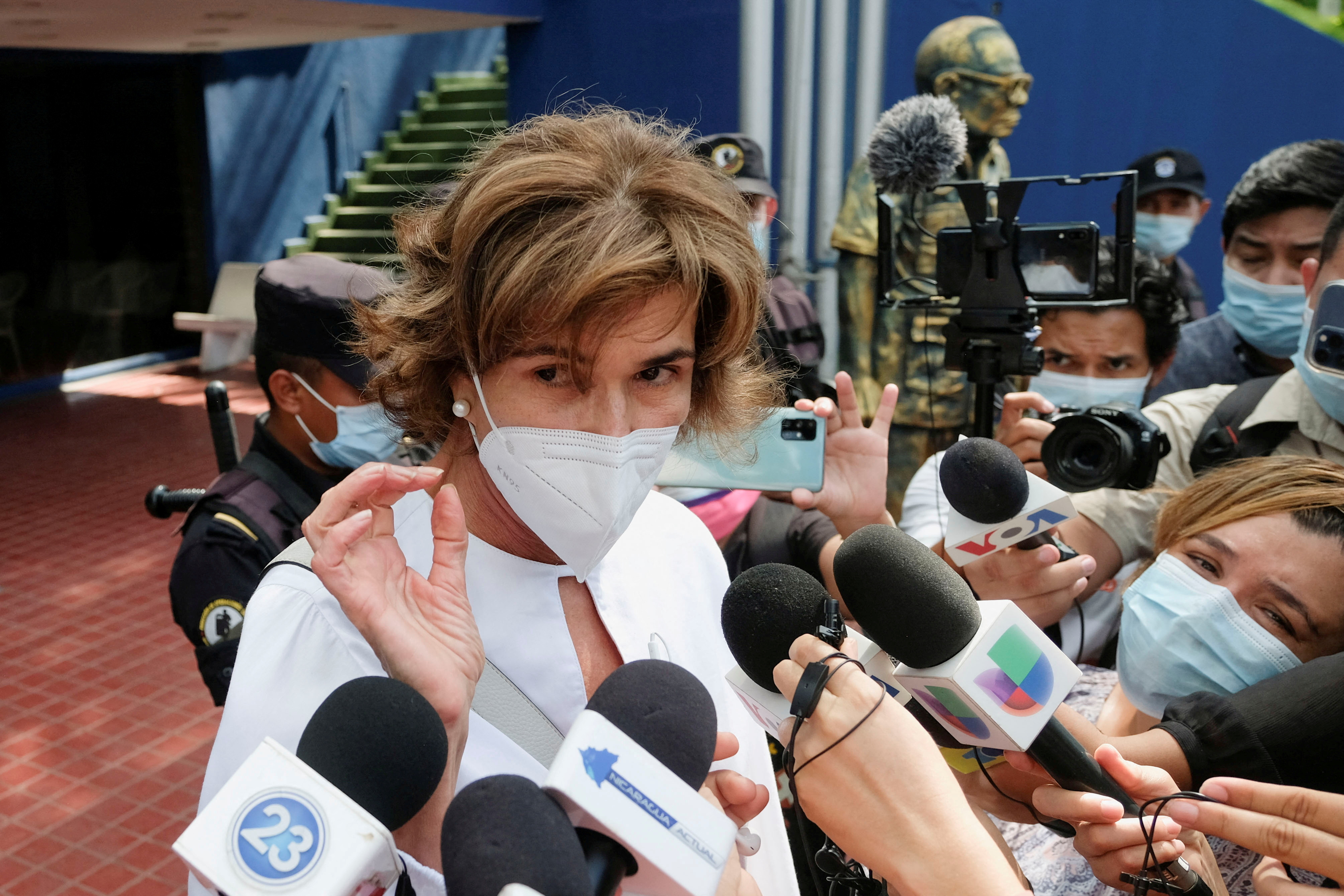 Cristiana Chamorro talks to the media outside the Interior Ministry, where she was notified of an investigation against her due to inconsistencies in the financial reports of the Violeta Barrios de Chamorro Foundation, in Managua