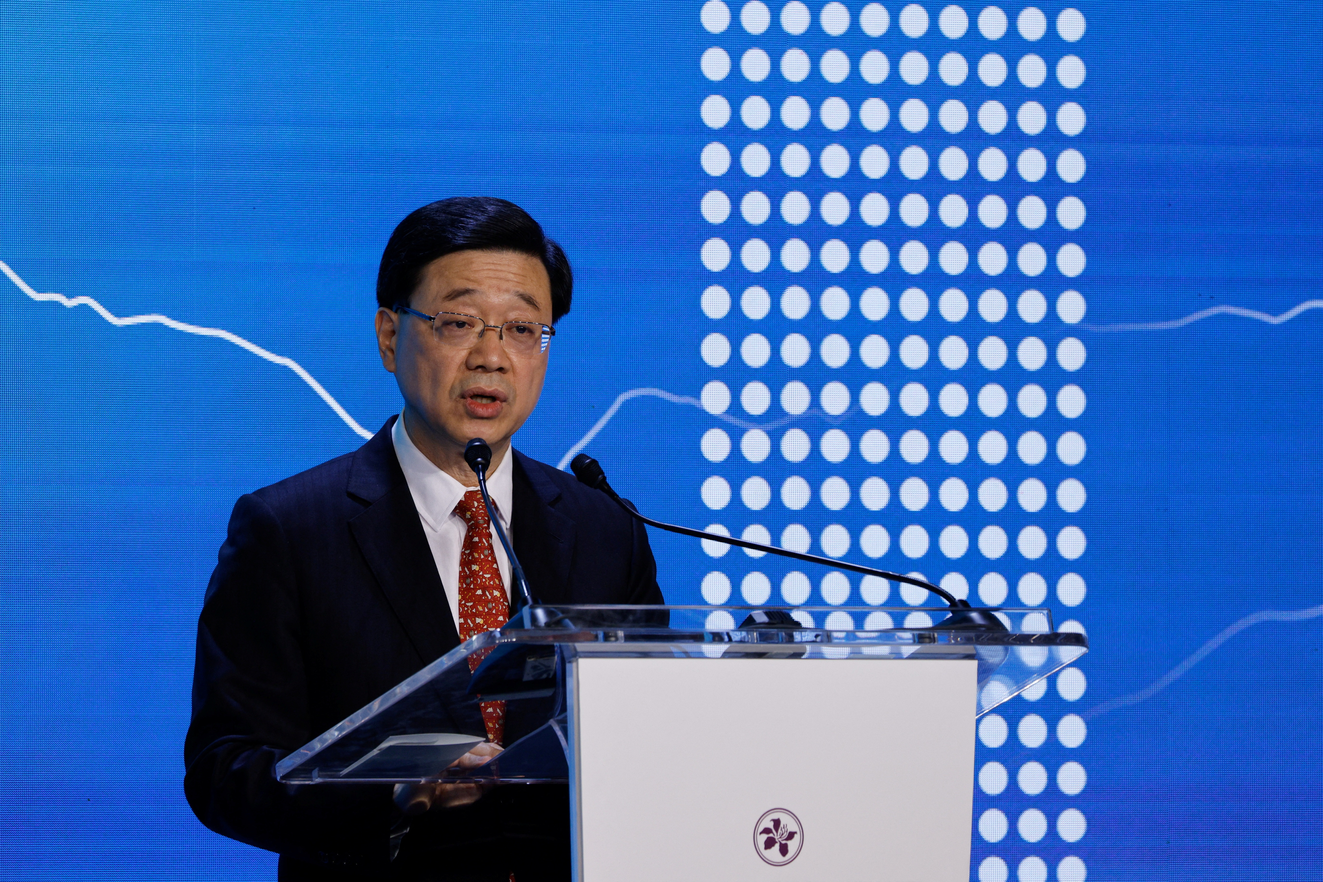 Hong Kong Chief Executive John Lee speaks during the Global Financial Leaders Investment Summit in Hong Kong