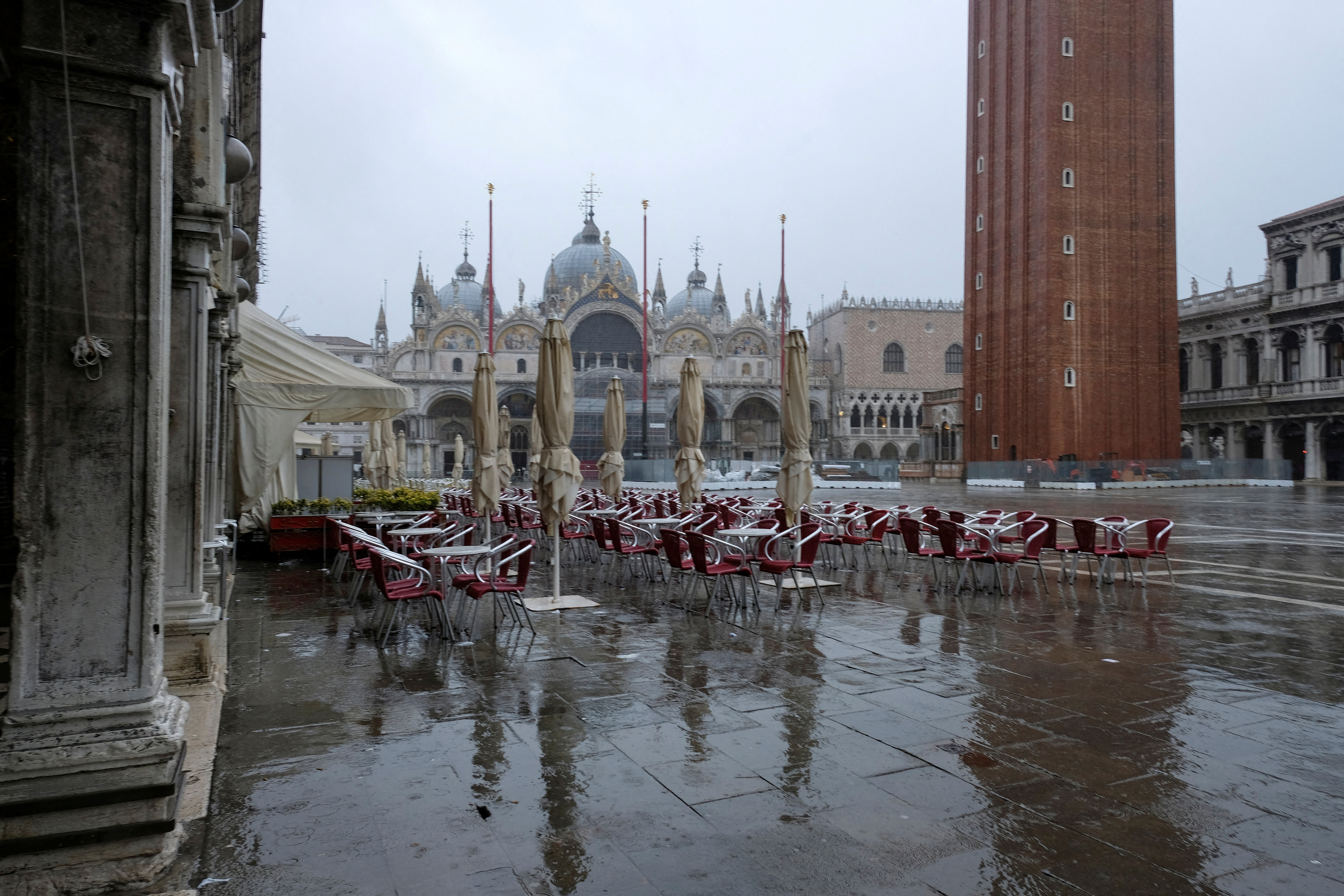 A view of St. Mark's Square during exceptional high tide as the flood barriers known as Mose are raised, in Venice