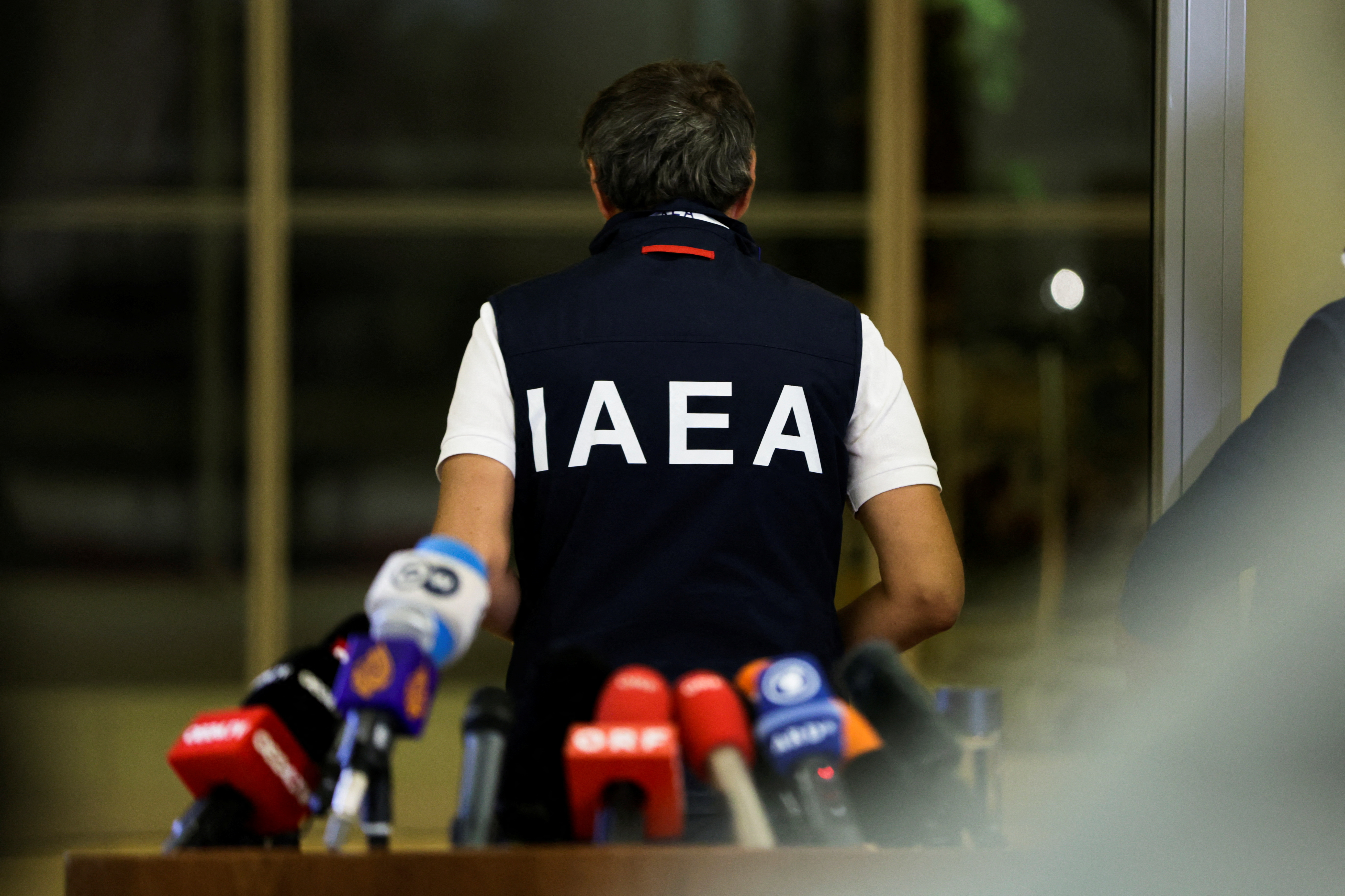Director-General of IAEA Rafael Grossi speaks to reporters after his return from Ukraine, in Schwechat